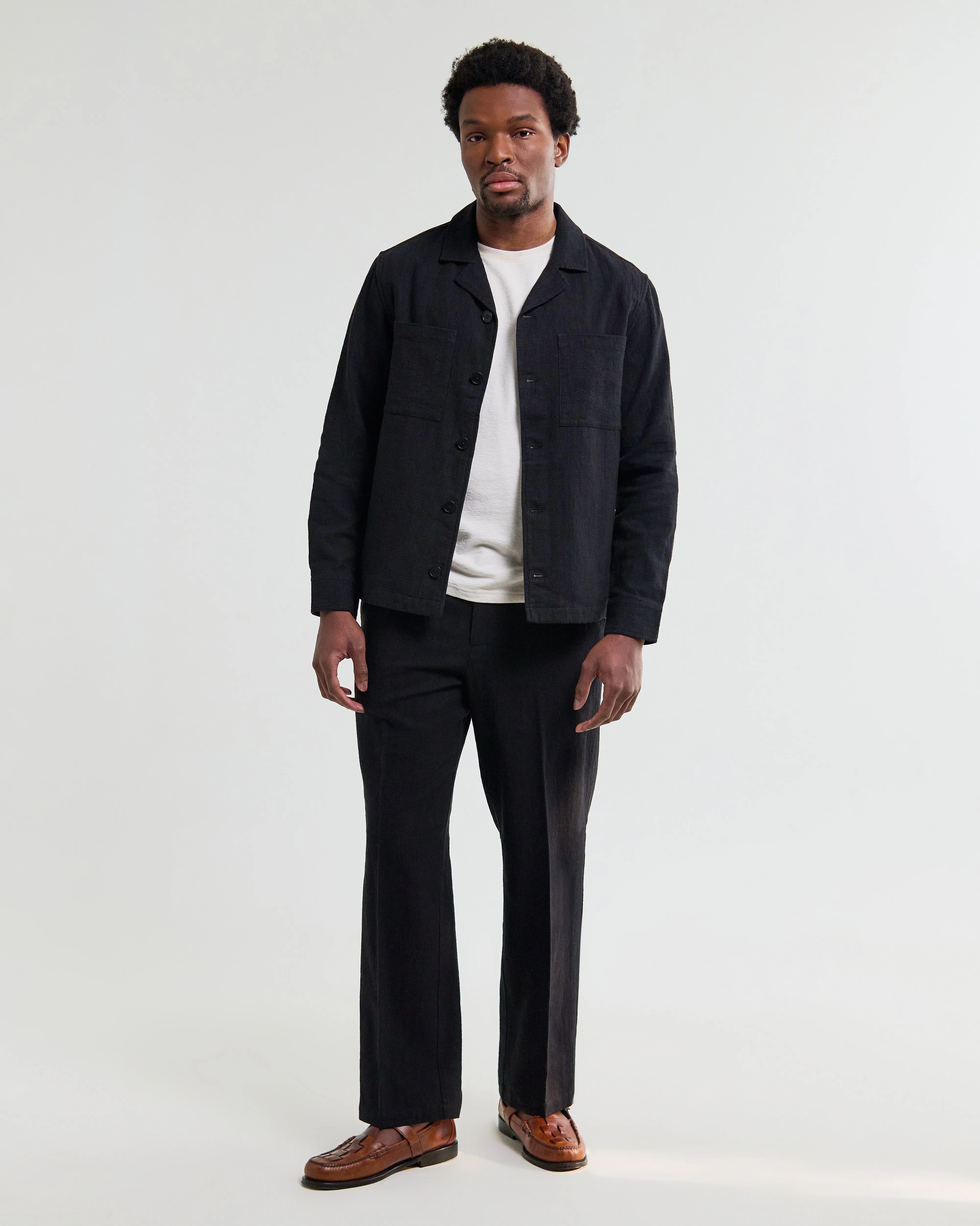 Aldred - Black Linen-Cotton Revere Overshirt sold by Wax London product image thumbnail 2