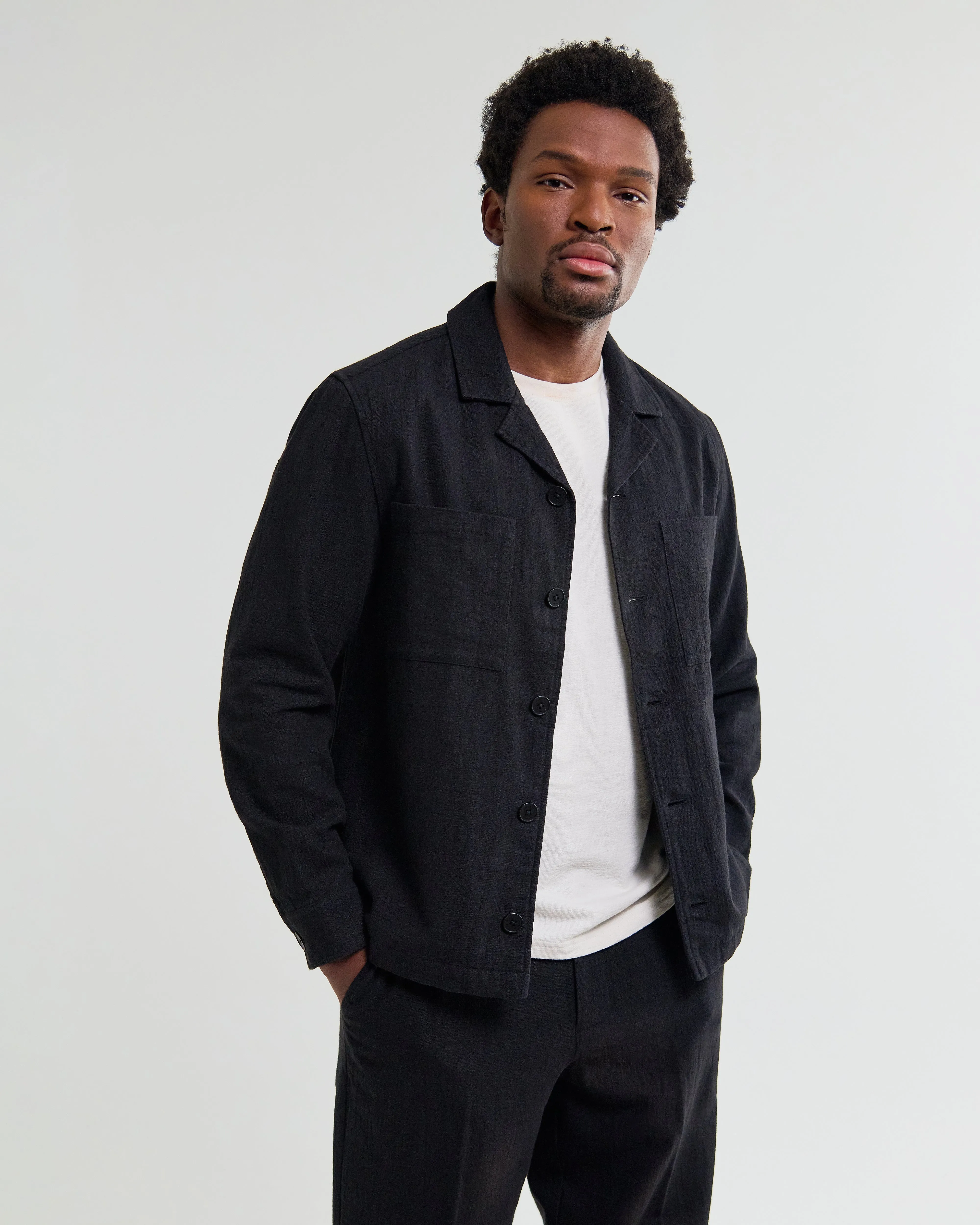 Aldred - Black Linen-Cotton Revere Overshirt sold by Wax London product image thumbnail 3