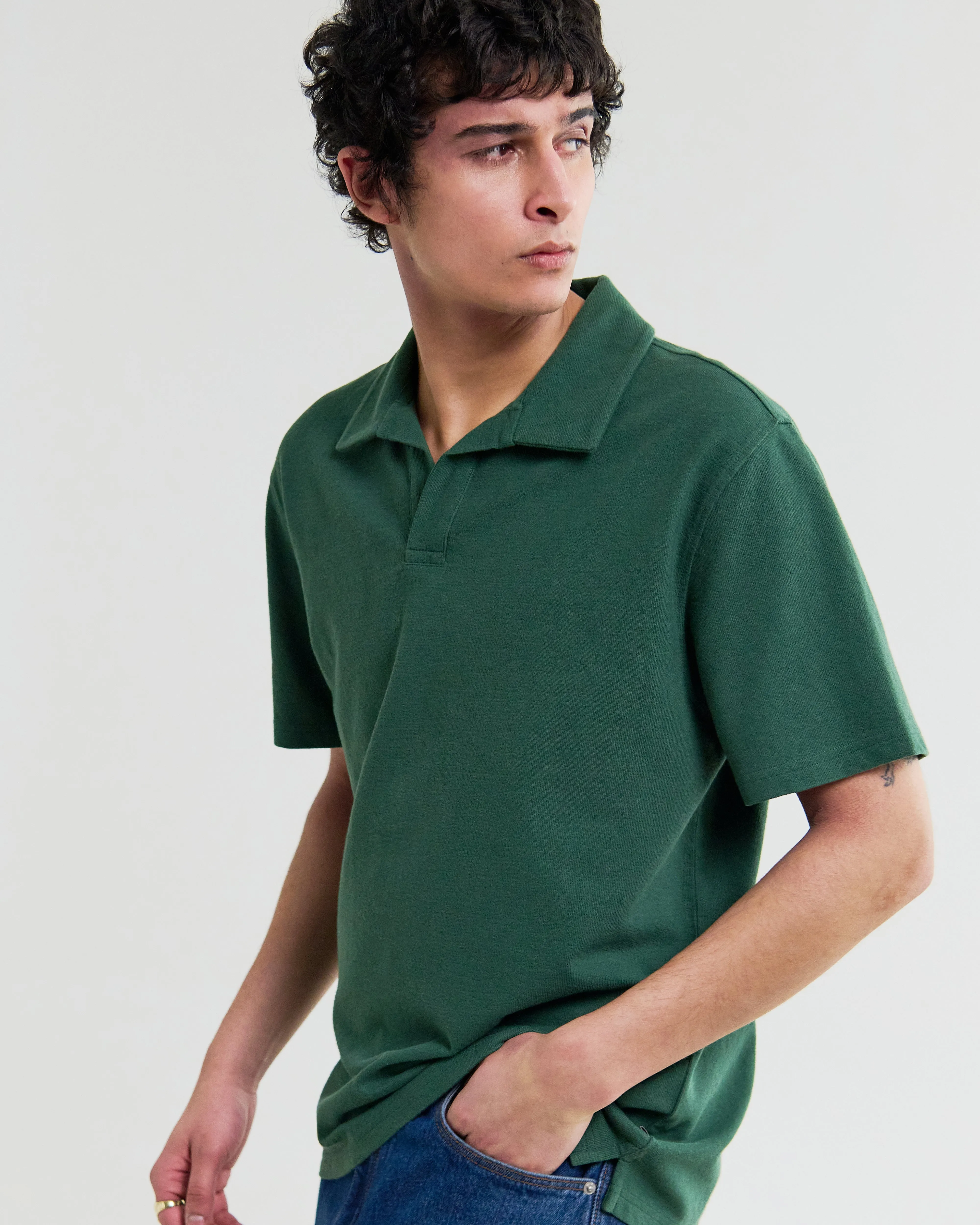 Atwood - Dark Green Textured Organic Cotton Polo Shirt sold by Wax London product image thumbnail 3