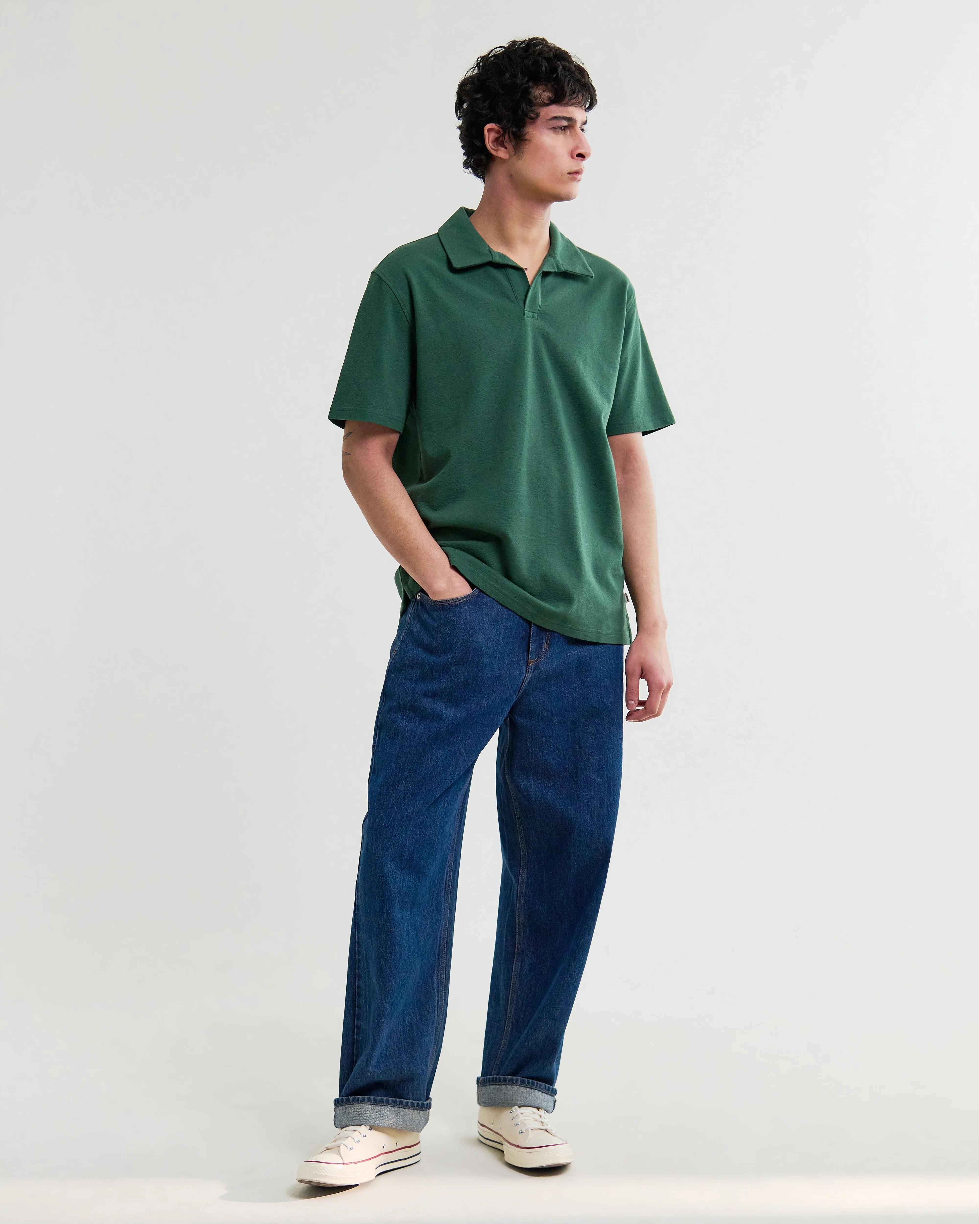 Atwood - Dark Green Textured Organic Cotton Polo Shirt sold by Wax London product image thumbnail 4