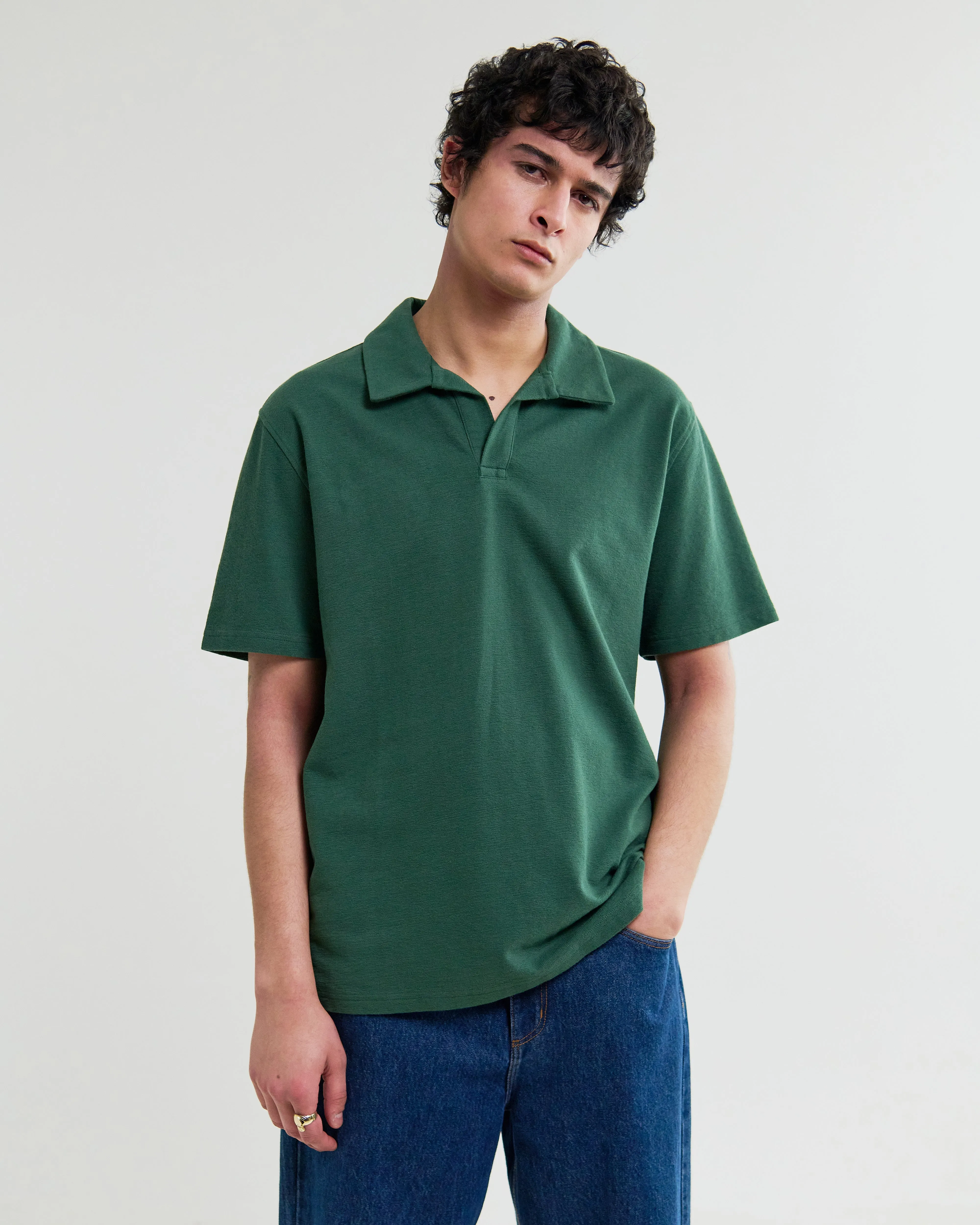 Atwood - Dark Green Textured Organic Cotton Polo Shirt sold by Wax London product image thumbnail 2