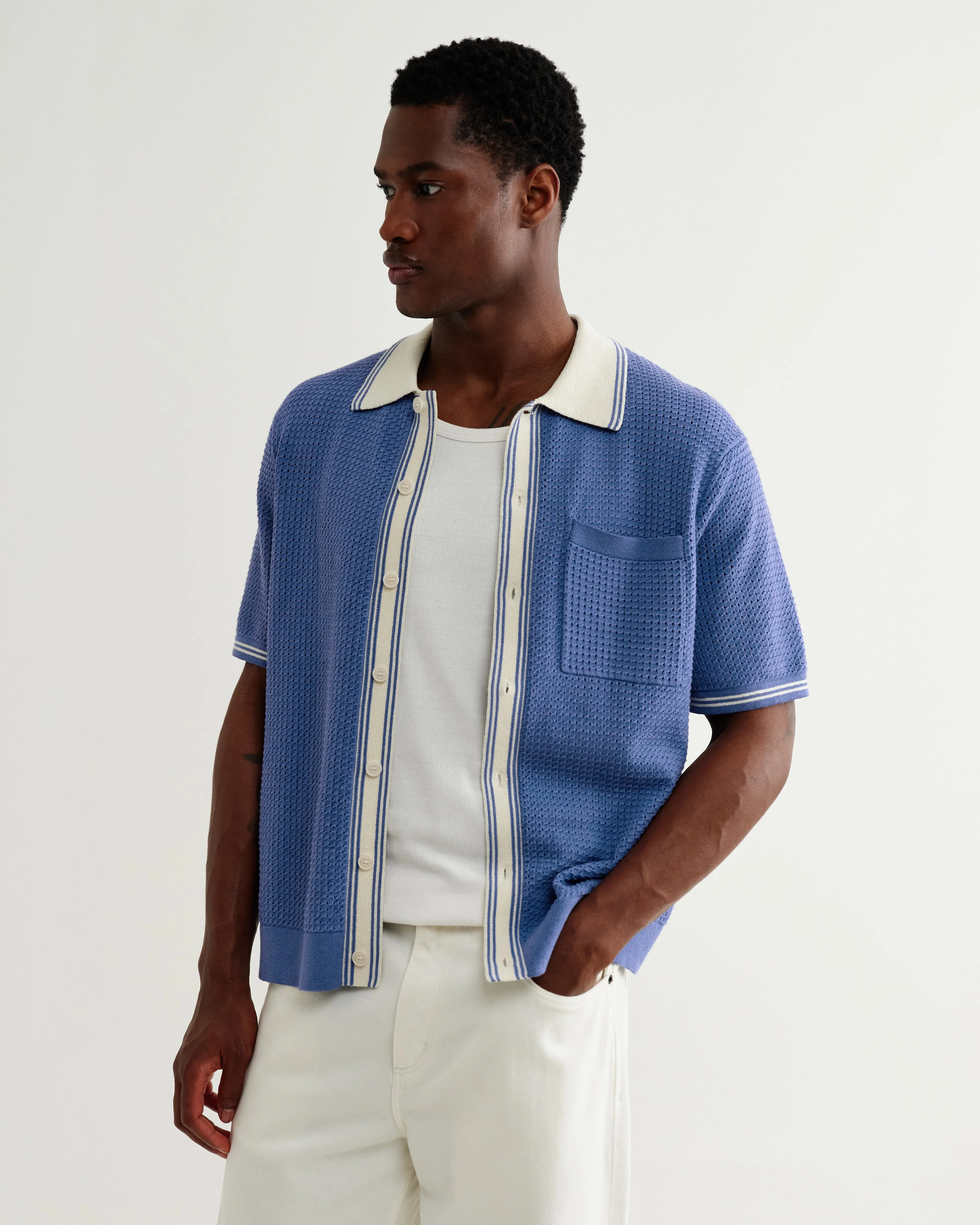 Belle - Blue Tipped Pointelle Polo Shirt sold by Wax London product image thumbnail 2