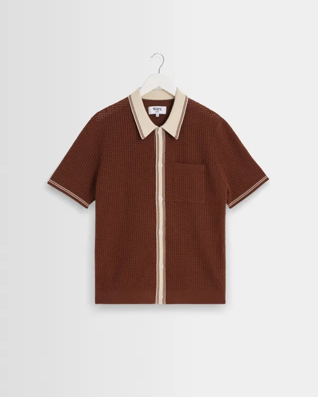 Belle - Dark Brown Tipped Pointelle Polo Shirt made by Wax London