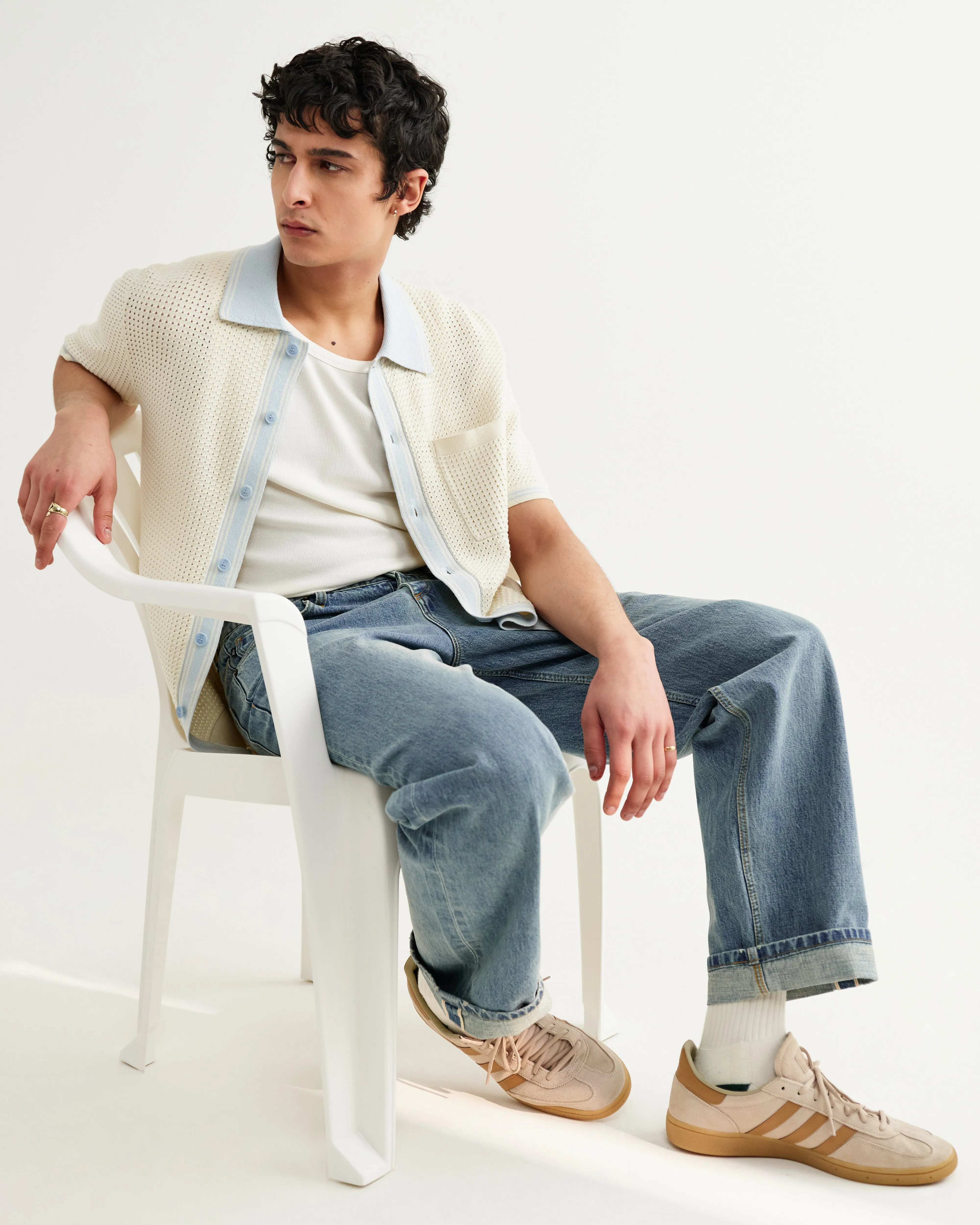 Belle - Ecru Blue Tipped Pointelle Polo Shirt sold by Wax London product image thumbnail 3