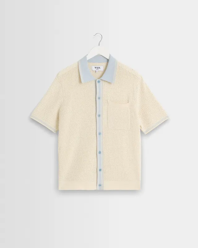 Belle - Ecru Blue Tipped Pointelle Polo Shirt made by Wax London
