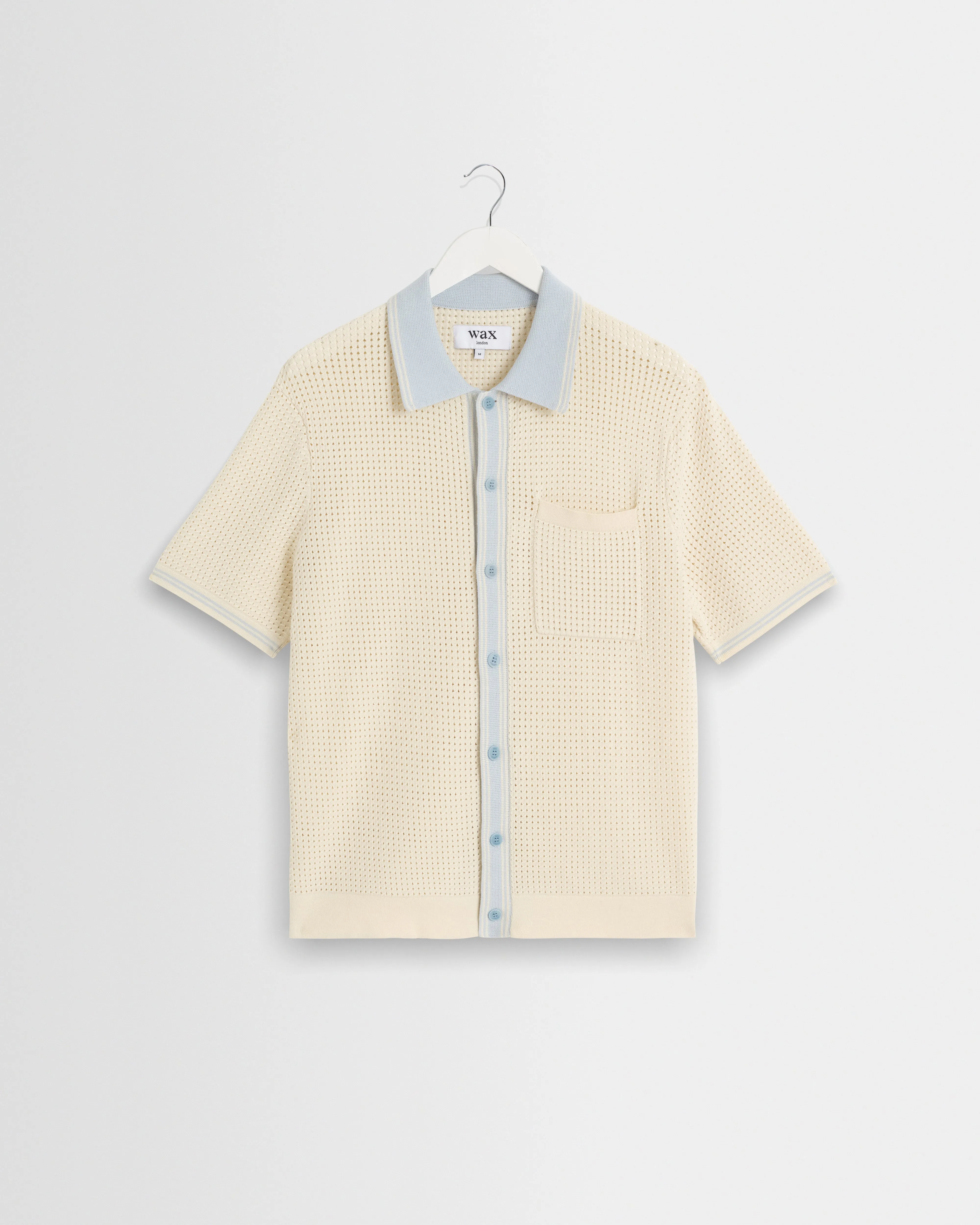 Belle - Ecru Blue Tipped Pointelle Polo Shirt sold by Wax London