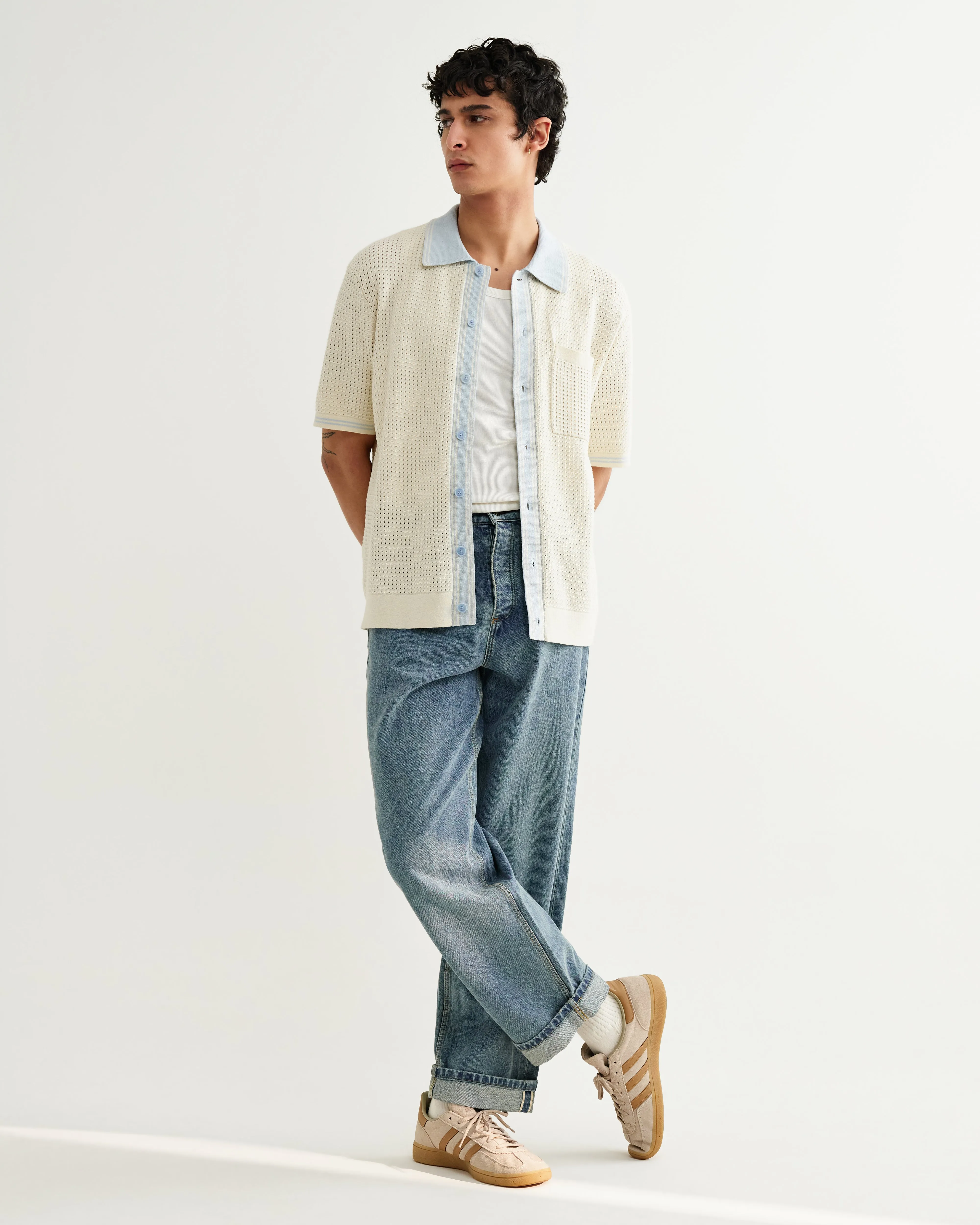 Belle - Ecru Blue Tipped Pointelle Polo Shirt sold by Wax London product image thumbnail 5