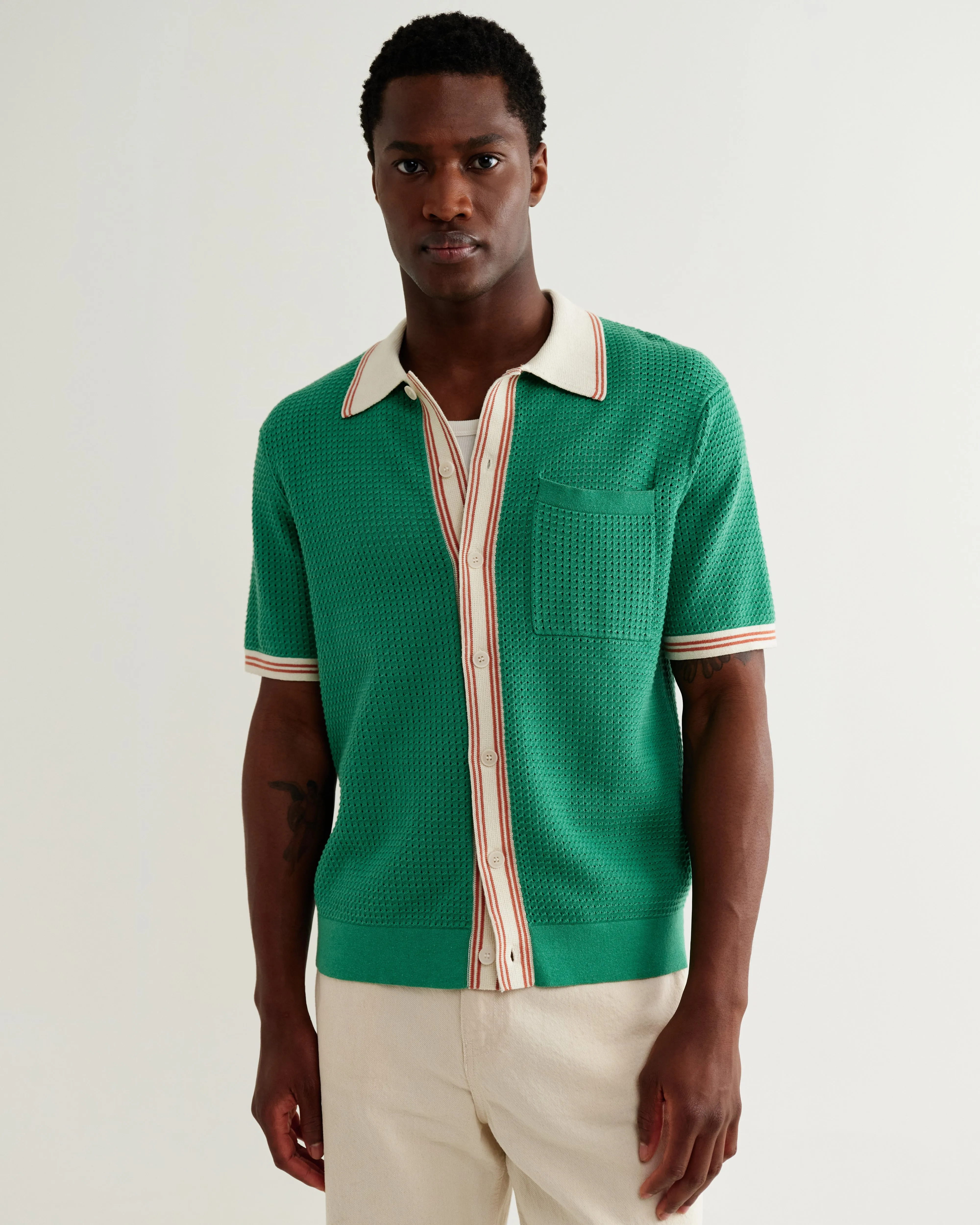Belle - Green Tipped Pointelle Polo Shirt sold by Wax London product image thumbnail 3