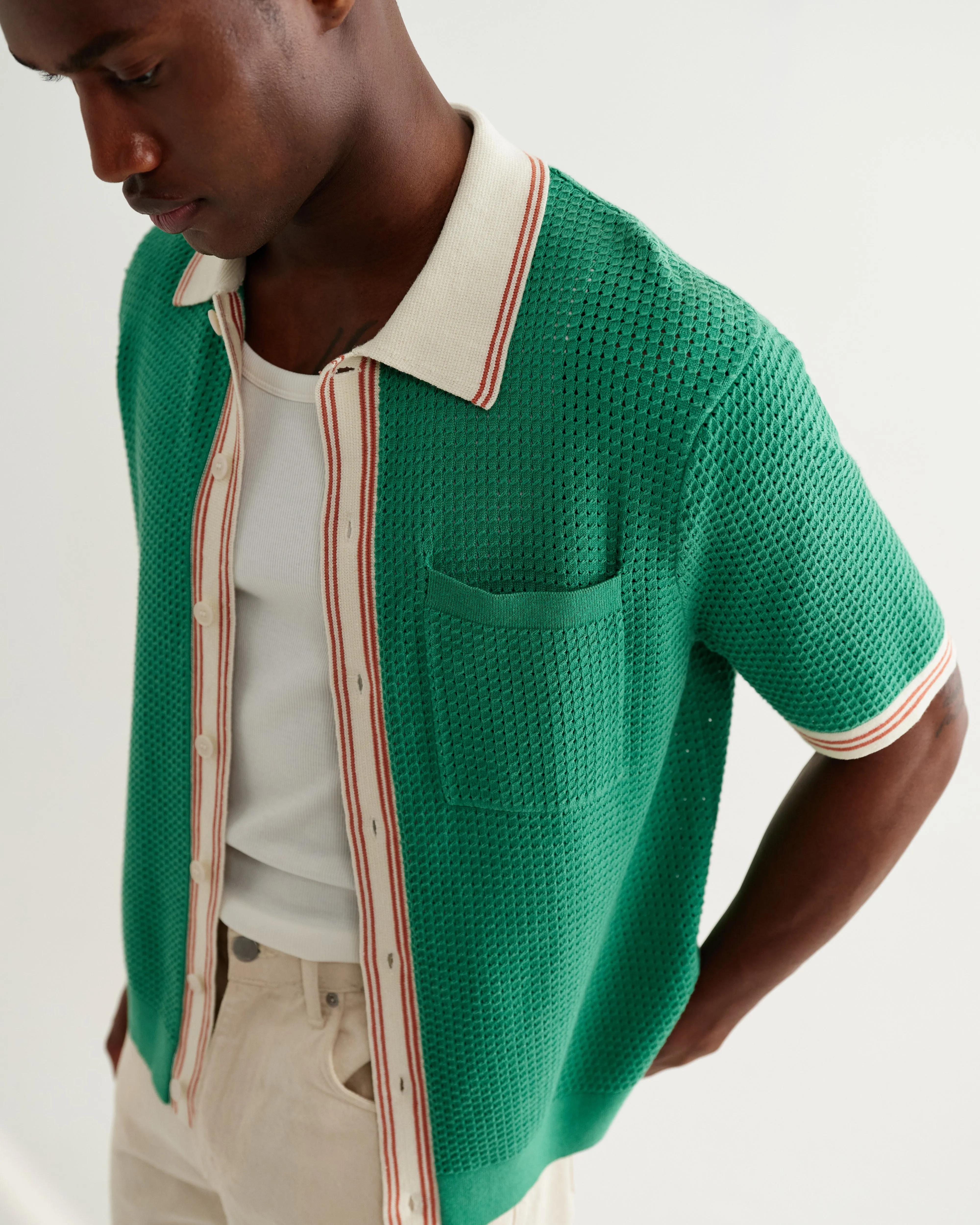 Belle - Green Tipped Pointelle Polo Shirt sold by Wax London product image thumbnail 4