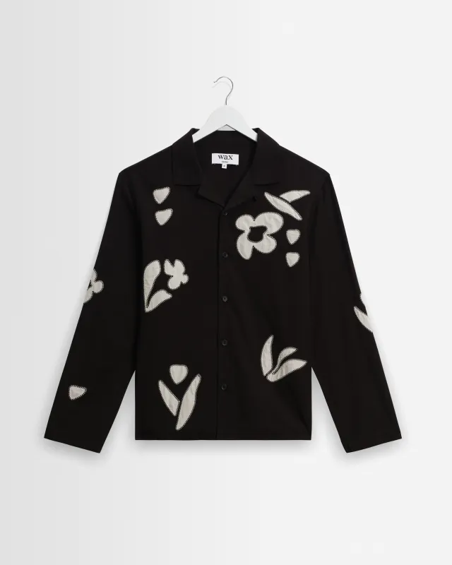 Corey - Black And Beige Abstract Applique Cotton-Linen Shirt made by Wax London