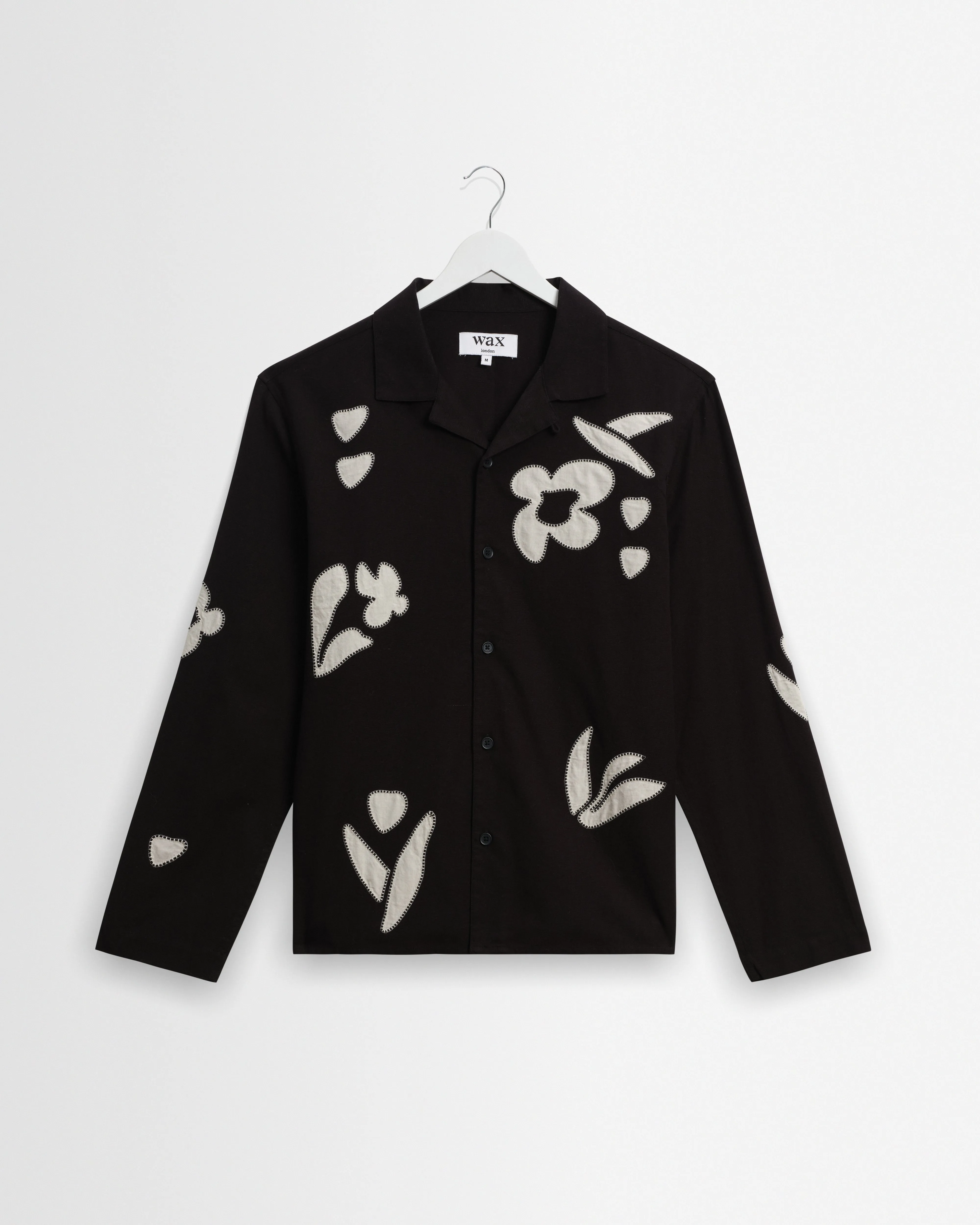 Corey - Black And Beige Abstract Applique Cotton-Linen Shirt sold by Wax London