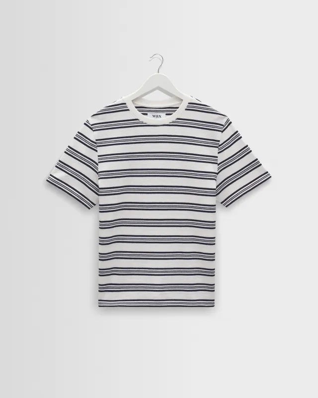 Dean - Ecru And Navy Textured Stripe Organic Cotton T-Shirt made by Wax London