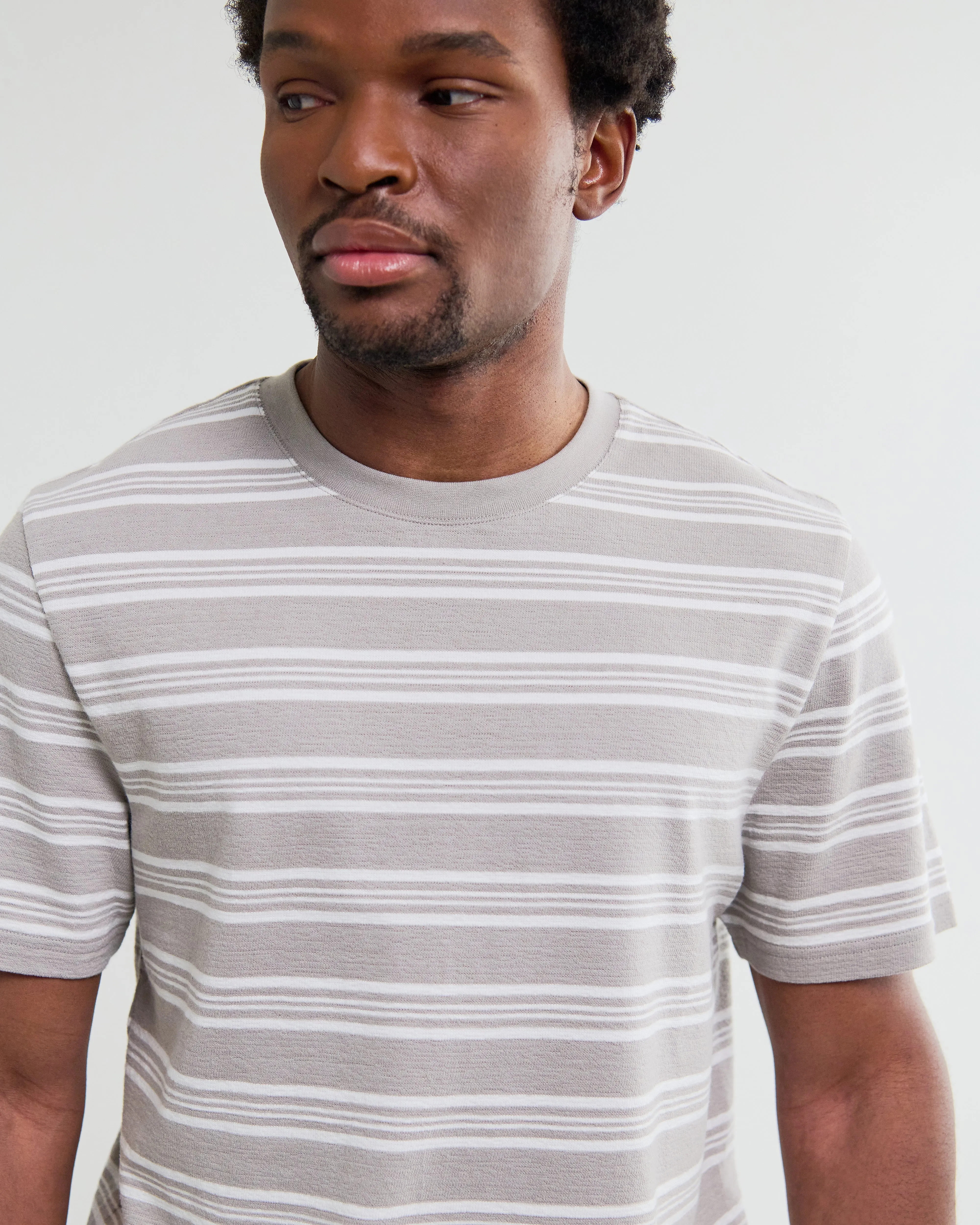 Dean - Taupe And Ecru Textured Stripe Organic Cotton T-Shirt sold by Wax London product image thumbnail 3