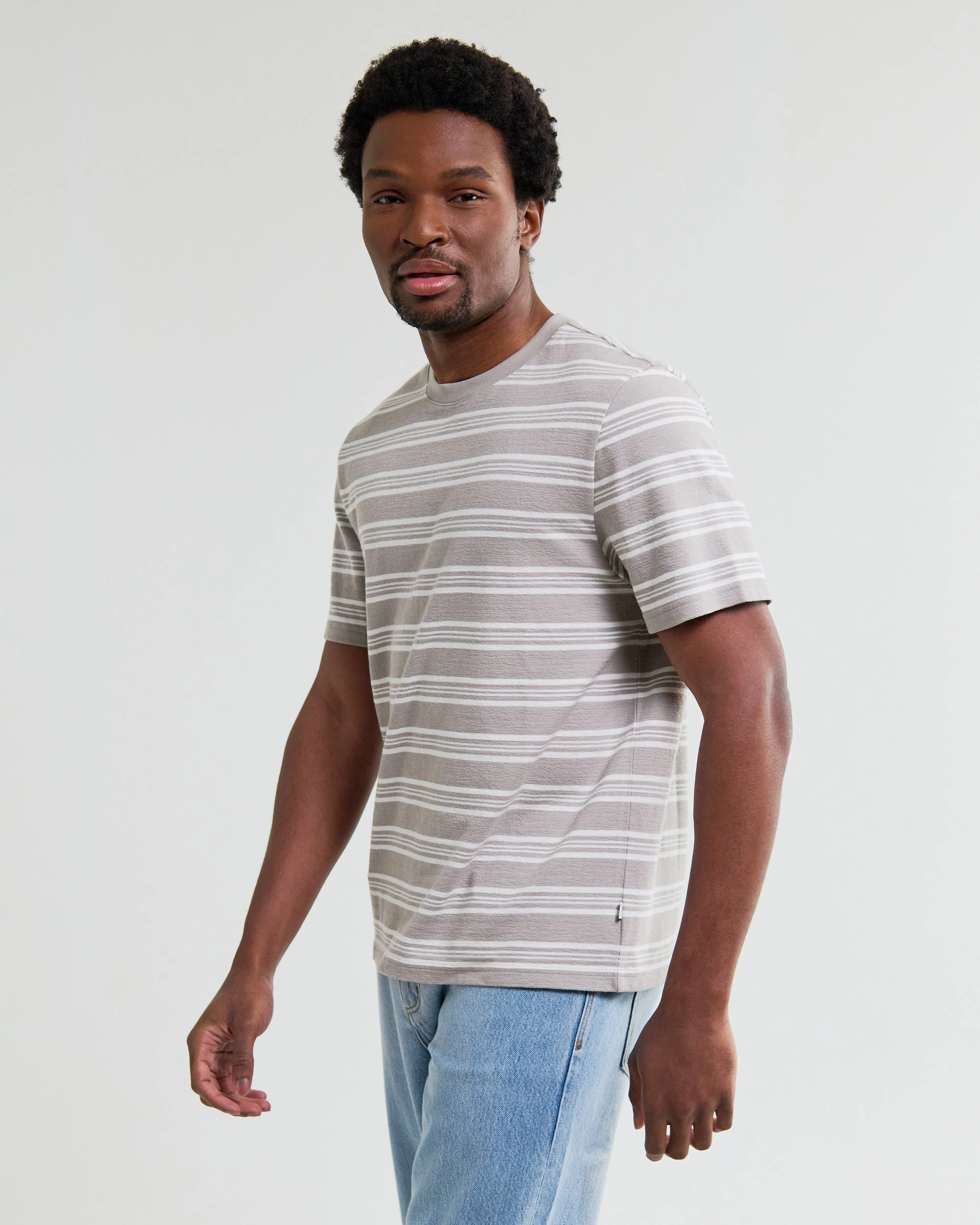 Dean - Taupe And Ecru Textured Stripe Organic Cotton T-Shirt sold by Wax London product image thumbnail 2