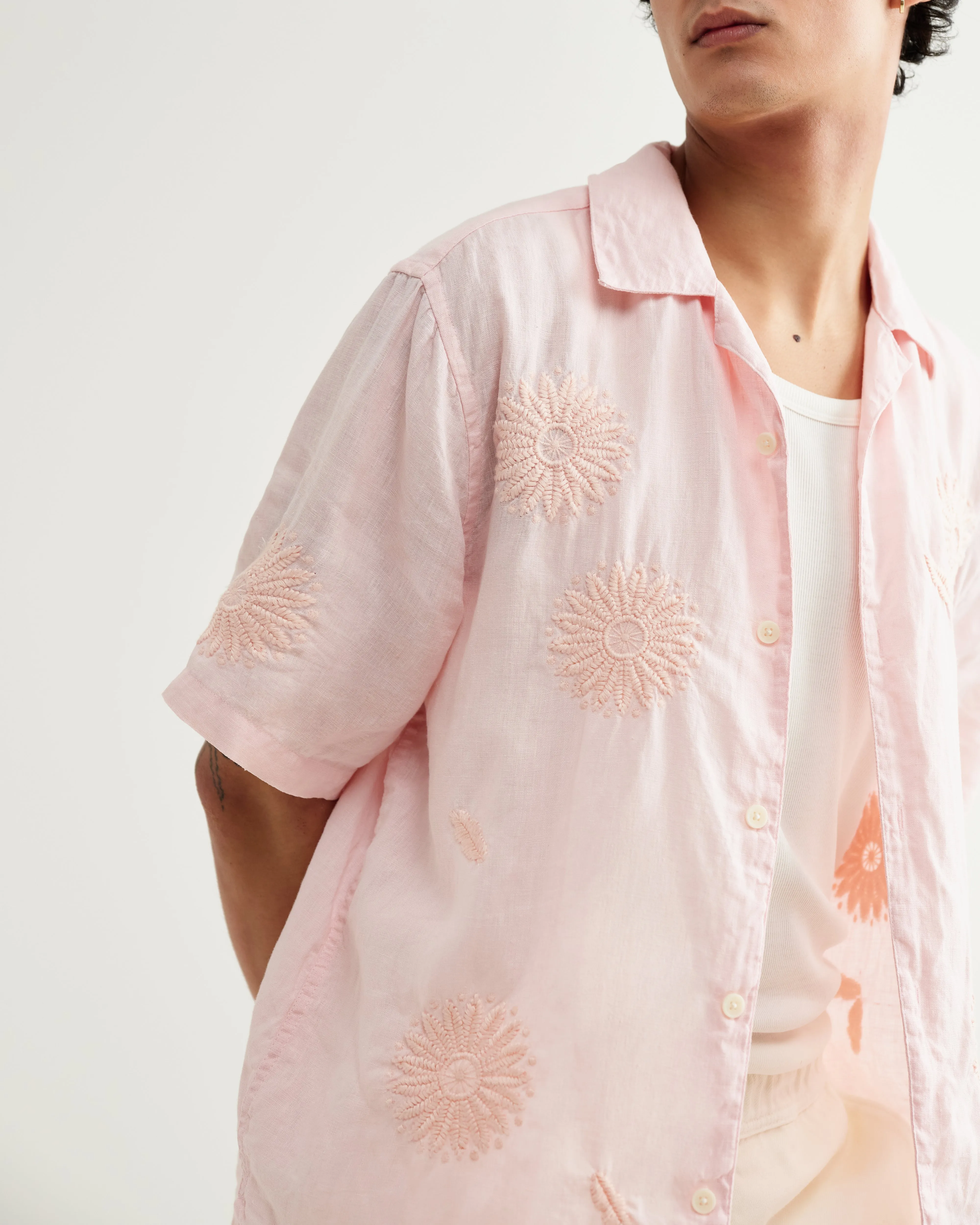 Didcot - Pink Flower Embroidered Short-Sleeve Shirt sold by Wax London product image thumbnail 5