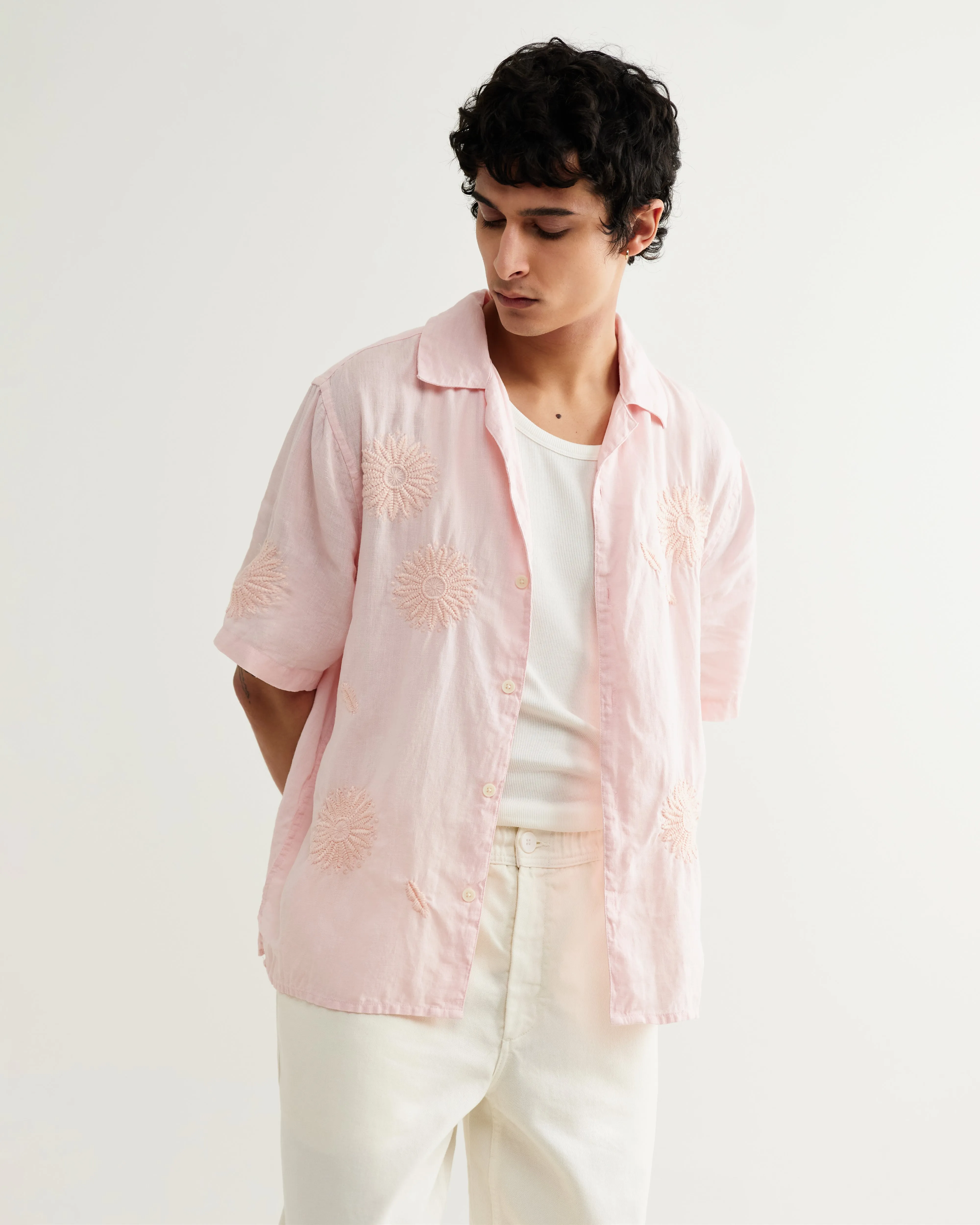 Didcot - Pink Flower Embroidered Short-Sleeve Shirt sold by Wax London product image thumbnail 4