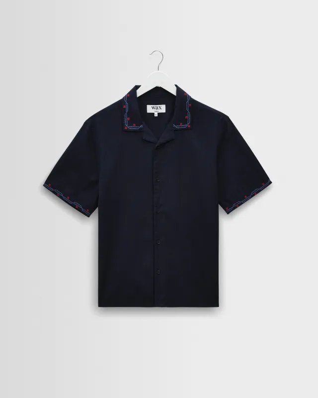 Didcot - Navy Cross-Stitch Border Short-Sleeve Shirt sold by Wax London