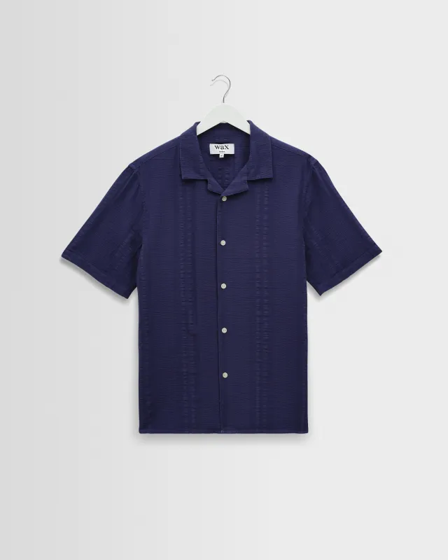 Didcot - Dark Blue Double-Weave Seersucker Short-Sleeve Shirt made by Wax London