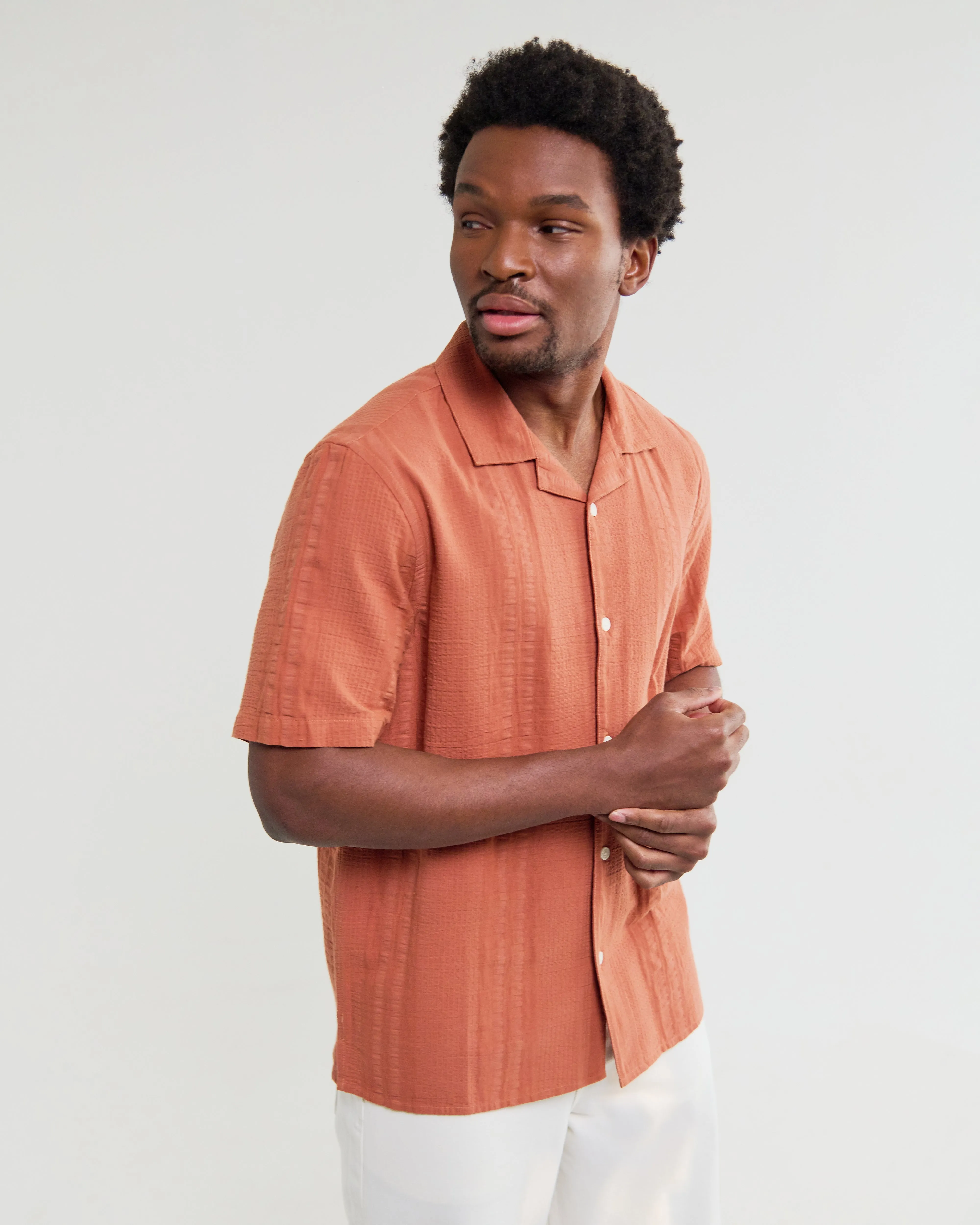 Didcot - Rust Double-Weave Seersucker Short-Sleeve Shirt sold by Wax London product image thumbnail 2