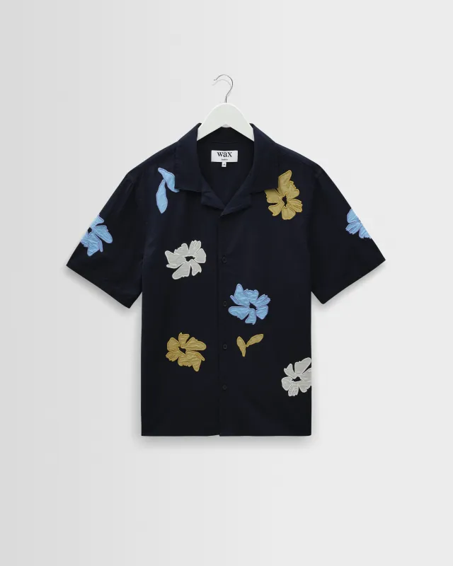 Didcot - Navy And Multicolour Floral Applique Short-Sleeve Shirt sold by Wax London