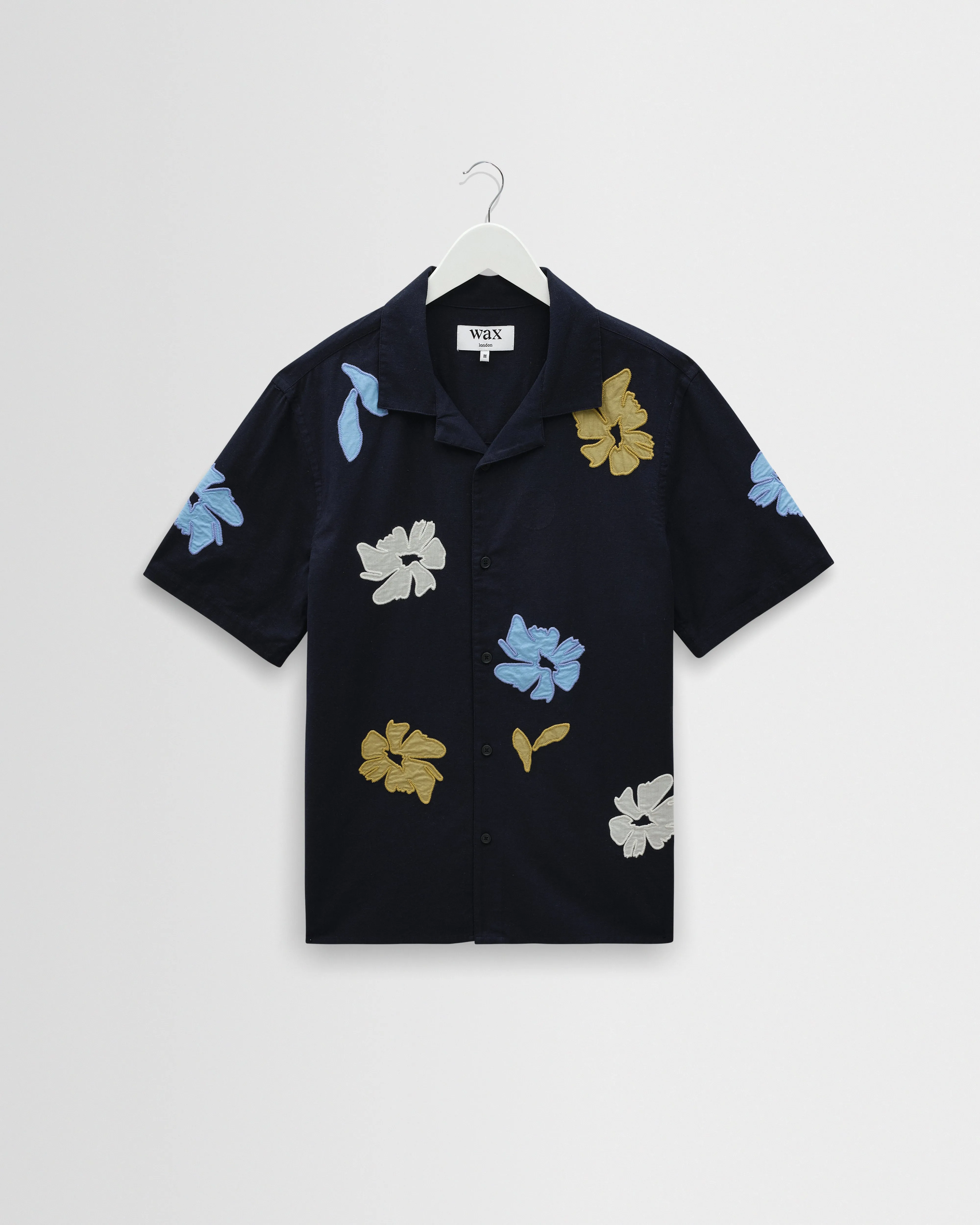 Didcot - Navy And Multicolour Floral Applique Short-Sleeve Shirt sold by Wax London