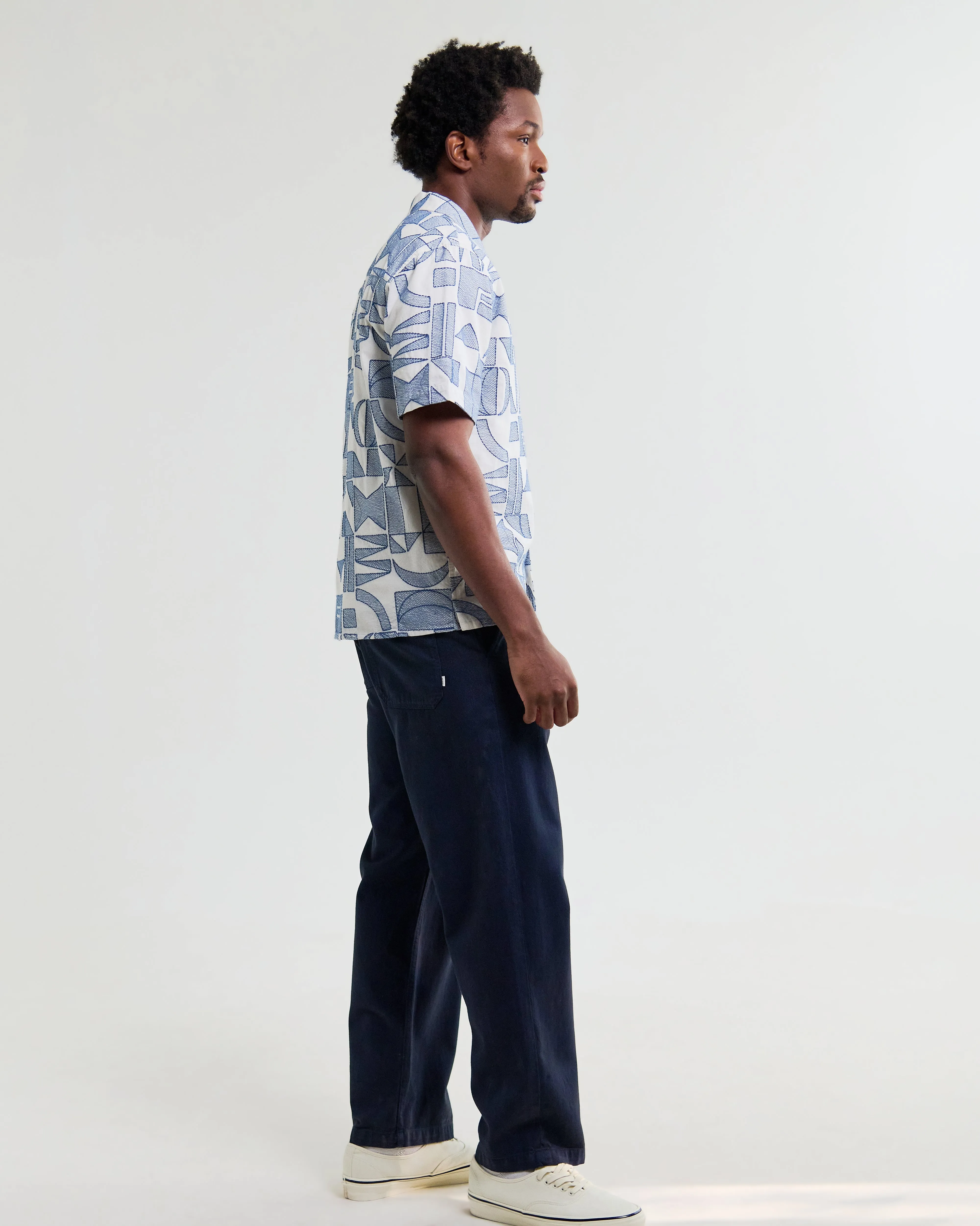 Didcot - Ecru And Blue Geometric Embroidered Short-Sleeve Shirt sold by Wax London product image thumbnail 4