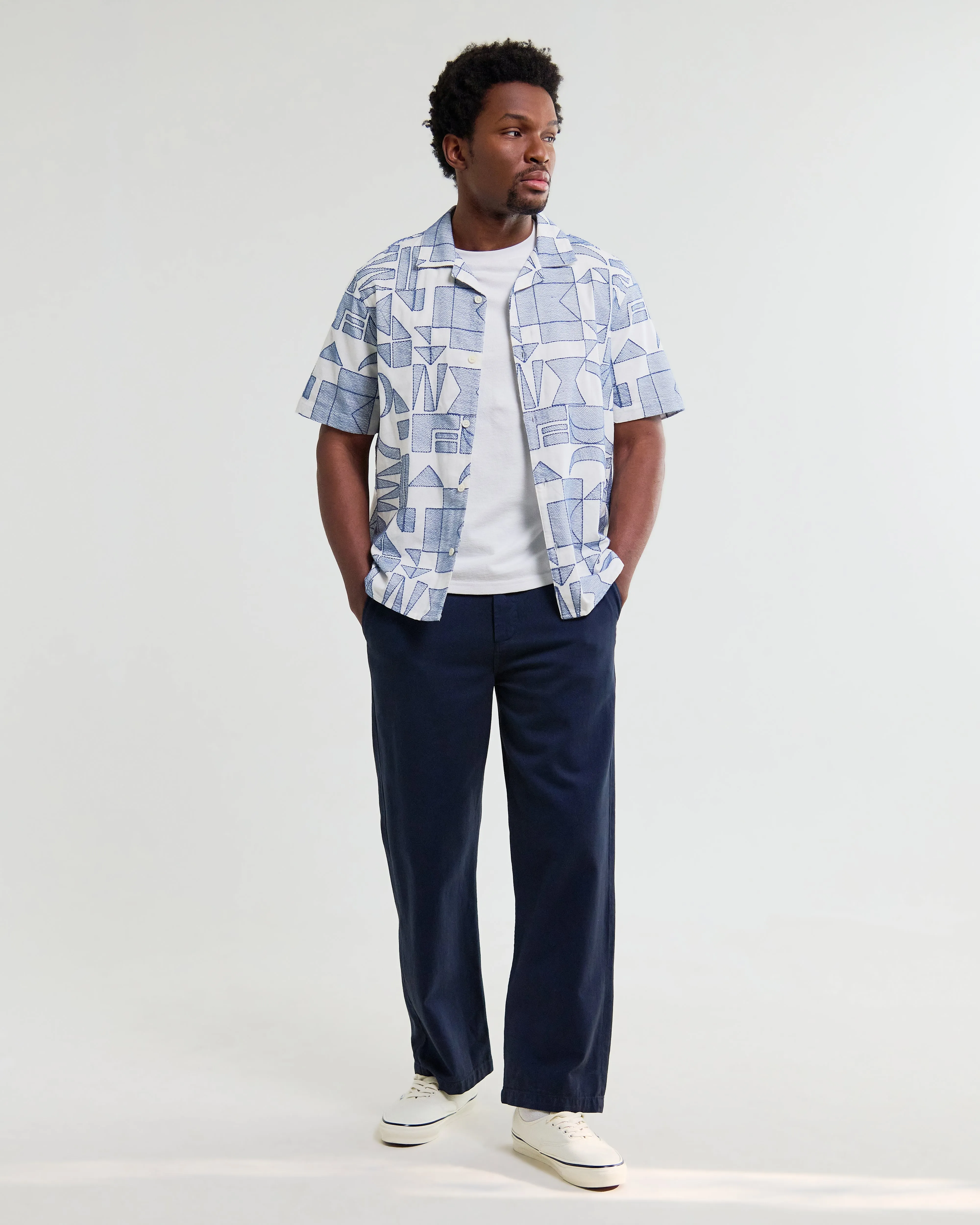 Didcot - Ecru And Blue Geometric Embroidered Short-Sleeve Shirt sold by Wax London product image thumbnail 3