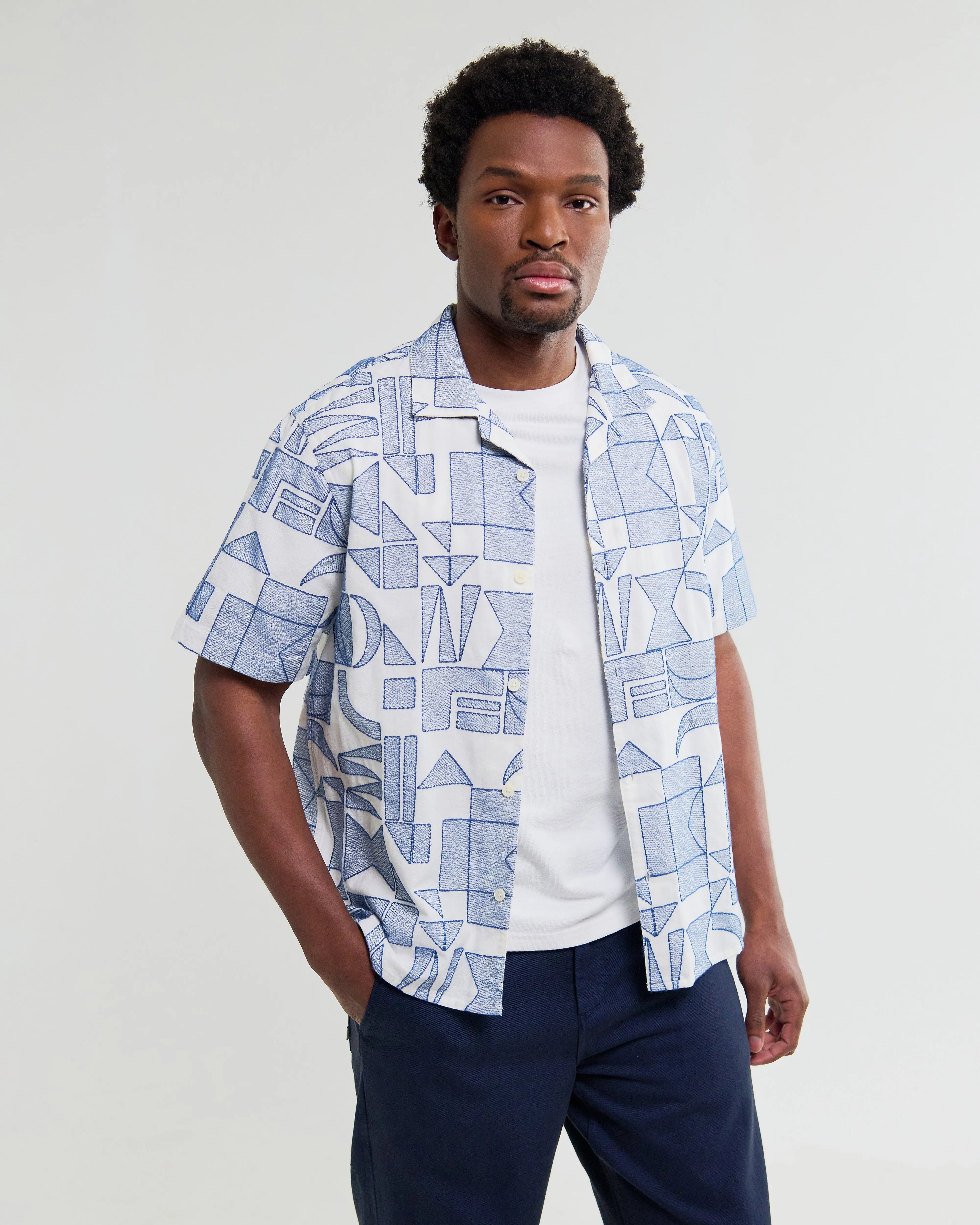 Didcot - Ecru And Blue Geometric Embroidered Short-Sleeve Shirt sold by Wax London product image thumbnail 2