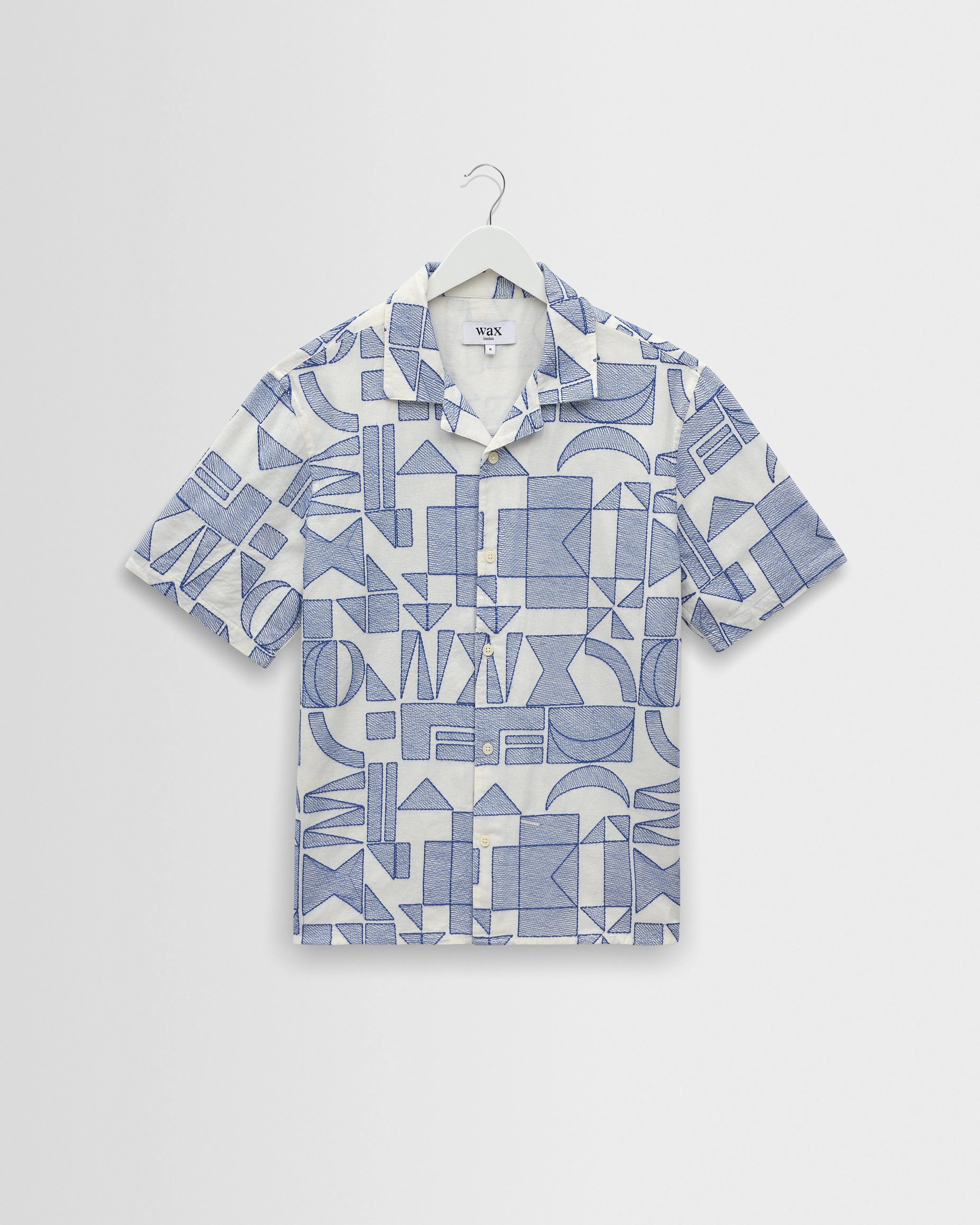 Didcot - Ecru And Blue Geometric Embroidered Short-Sleeve Shirt sold by Wax London