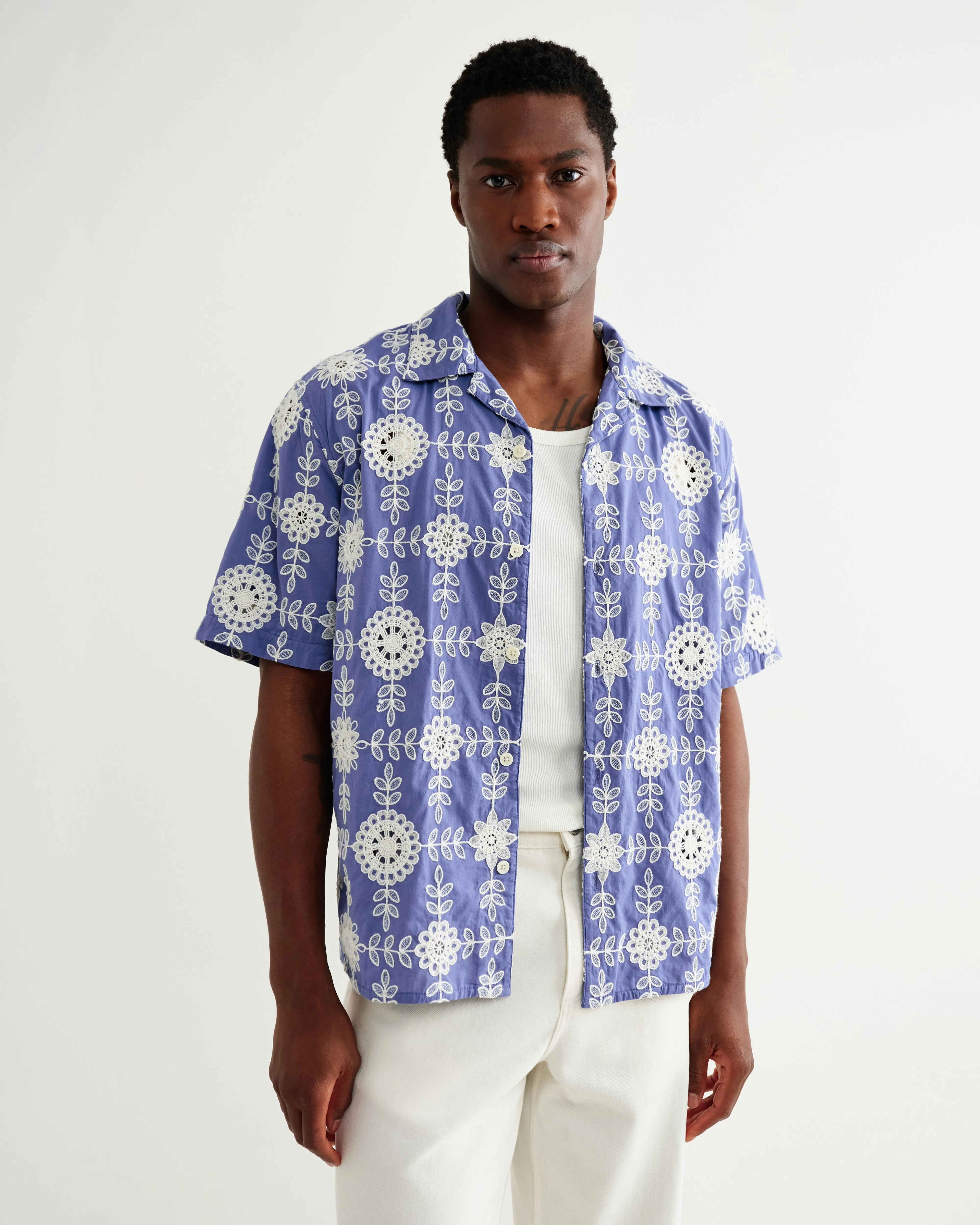 Didcot - Blue And Ecru Corded Lace Short-Sleeve Shirt sold by Wax London product image thumbnail 2