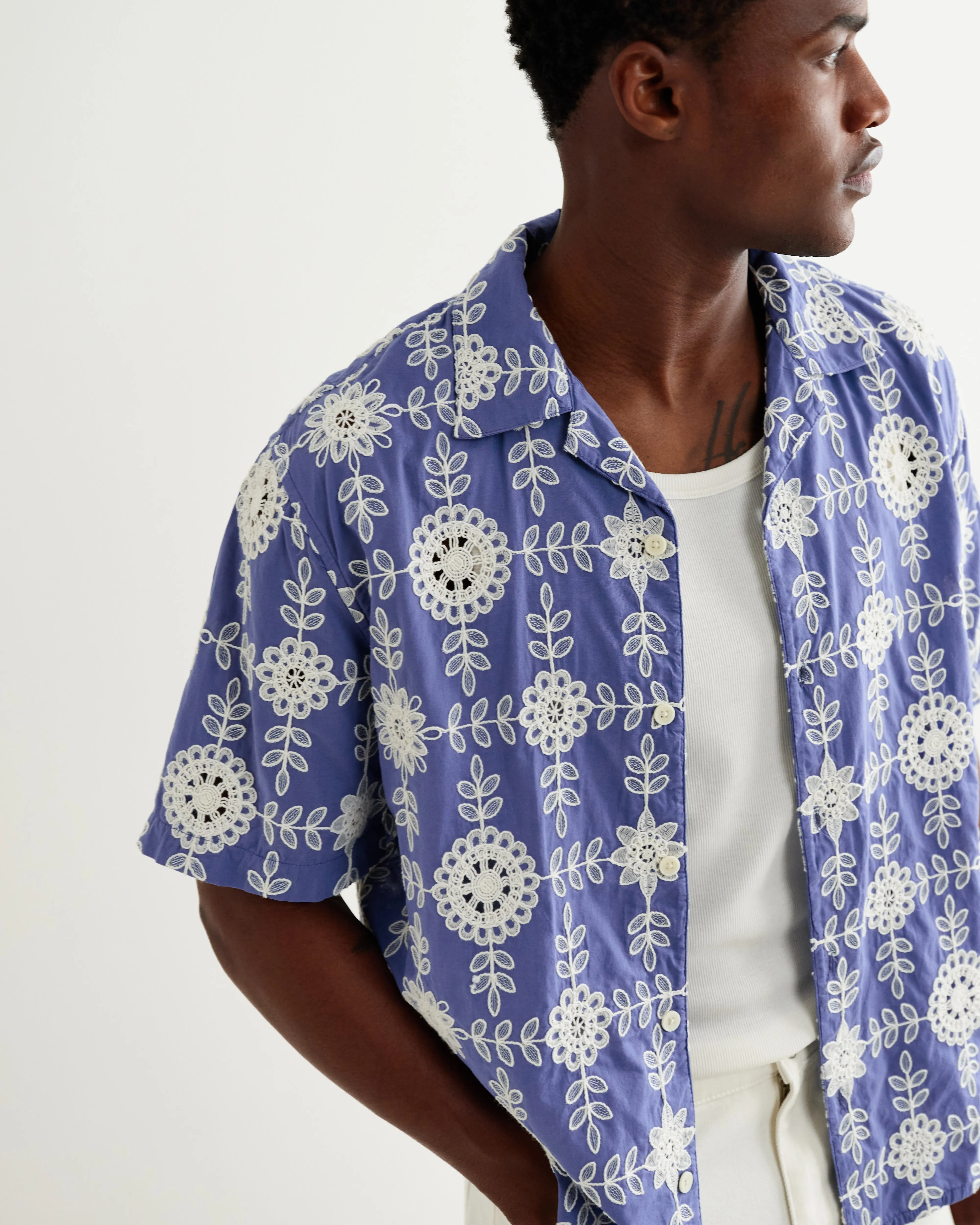 Didcot - Blue And Ecru Corded Lace Short-Sleeve Shirt sold by Wax London product image thumbnail 3