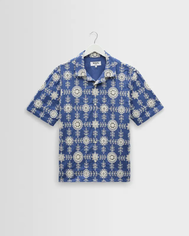 Didcot - Blue And Ecru Corded Lace Short-Sleeve Shirt made by Wax London