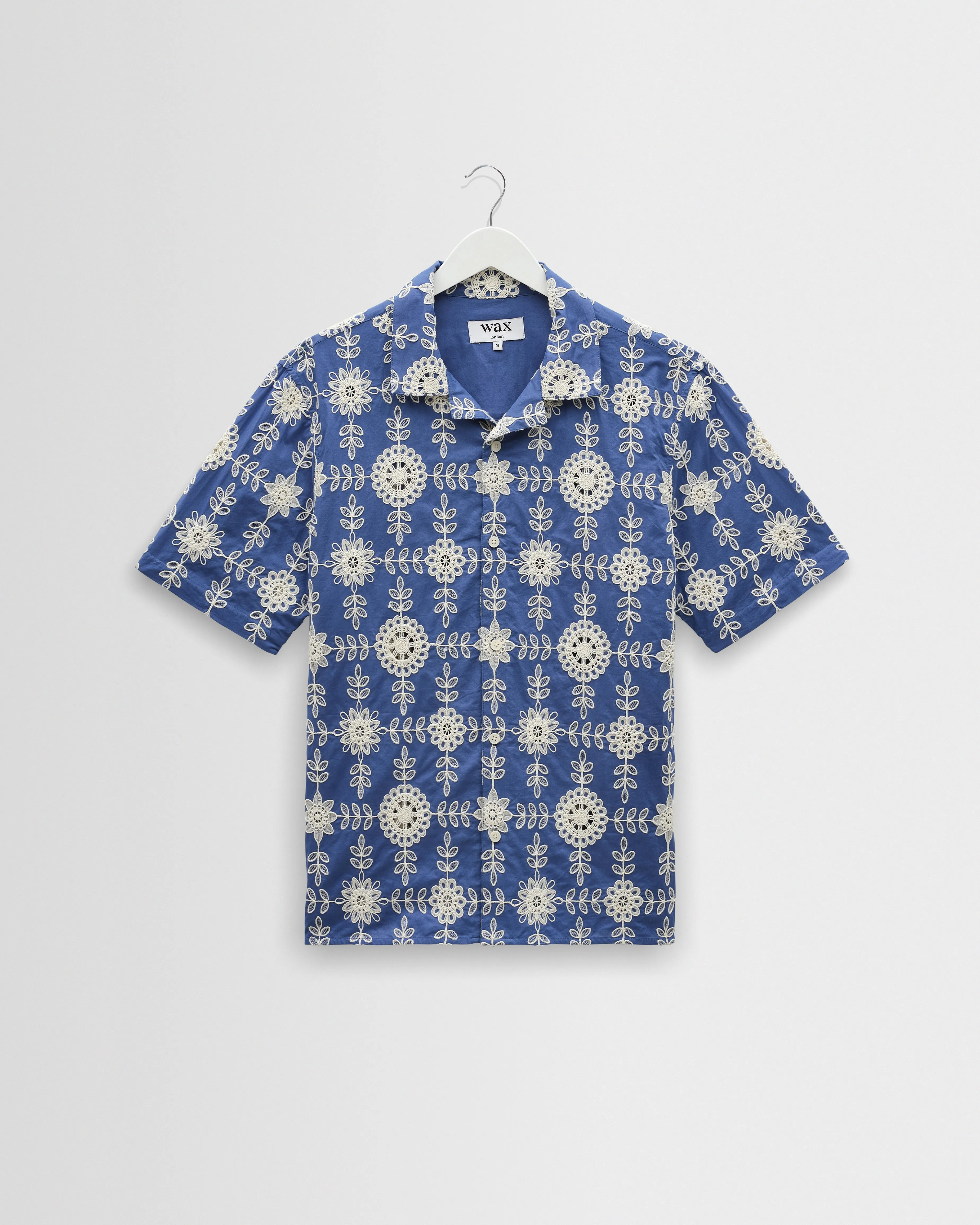 Didcot - Blue And Ecru Corded Lace Short-Sleeve Shirt sold by Wax London