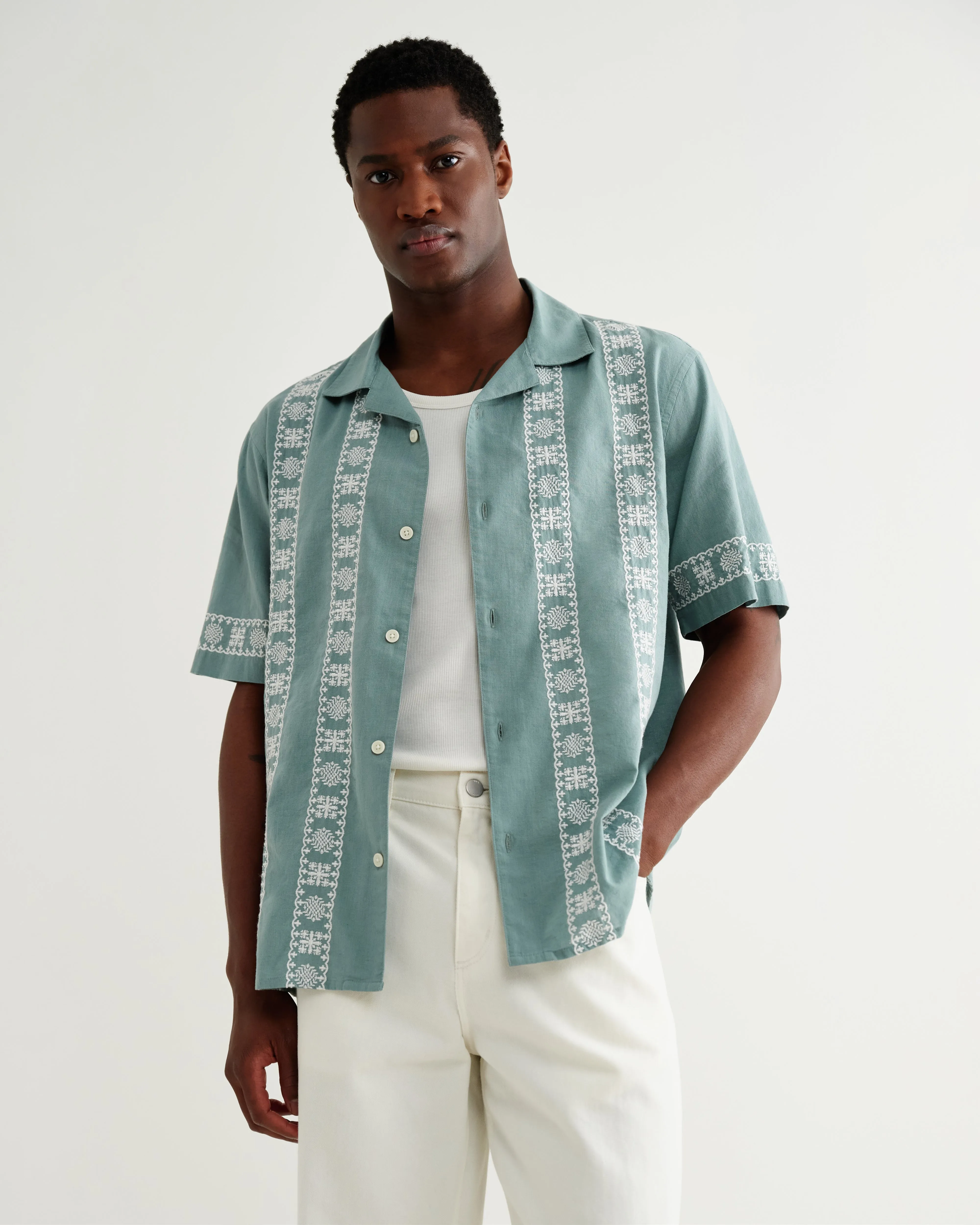 Didcot - Sea Green And Ecru Embroidered Short-Sleeve Shirt sold by Wax London product image thumbnail 2