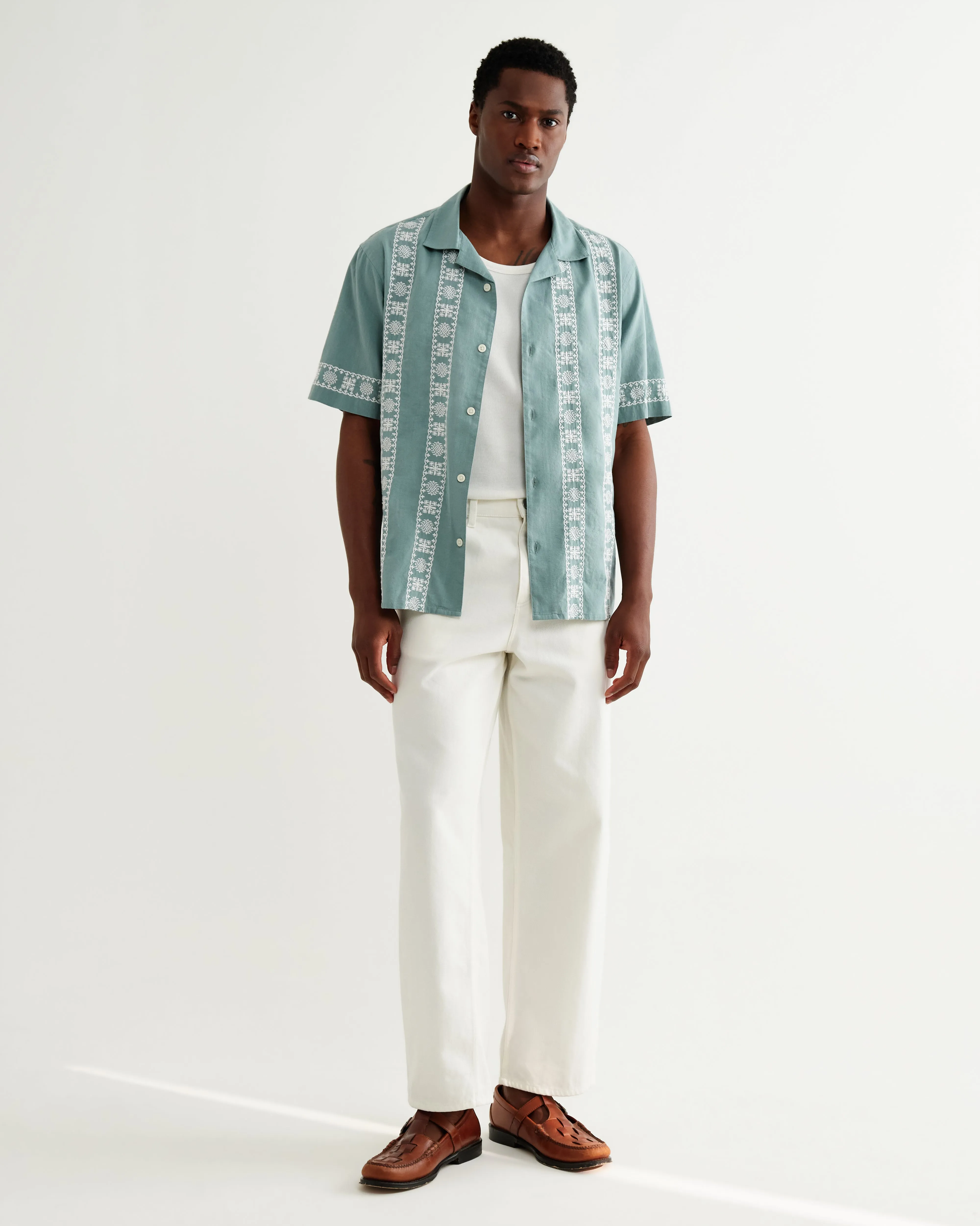 Didcot - Sea Green And Ecru Embroidered Short-Sleeve Shirt sold by Wax London product image thumbnail 4
