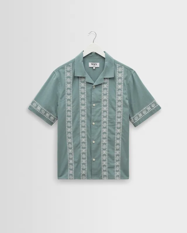 Didcot - Sea Green And Ecru Embroidered Short-Sleeve Shirt made by Wax London