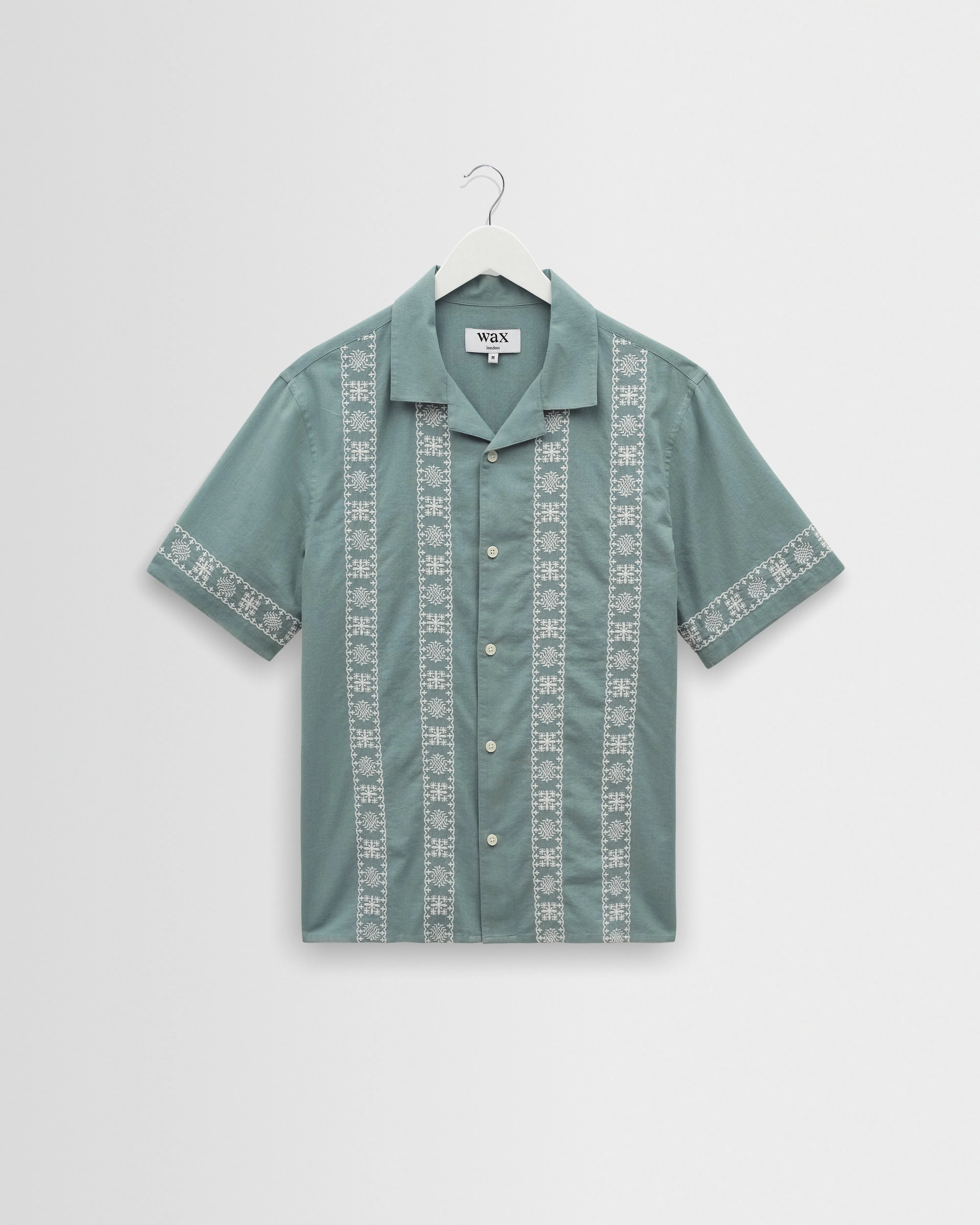 Didcot - Sea Green And Ecru Embroidered Short-Sleeve Shirt sold by Wax London