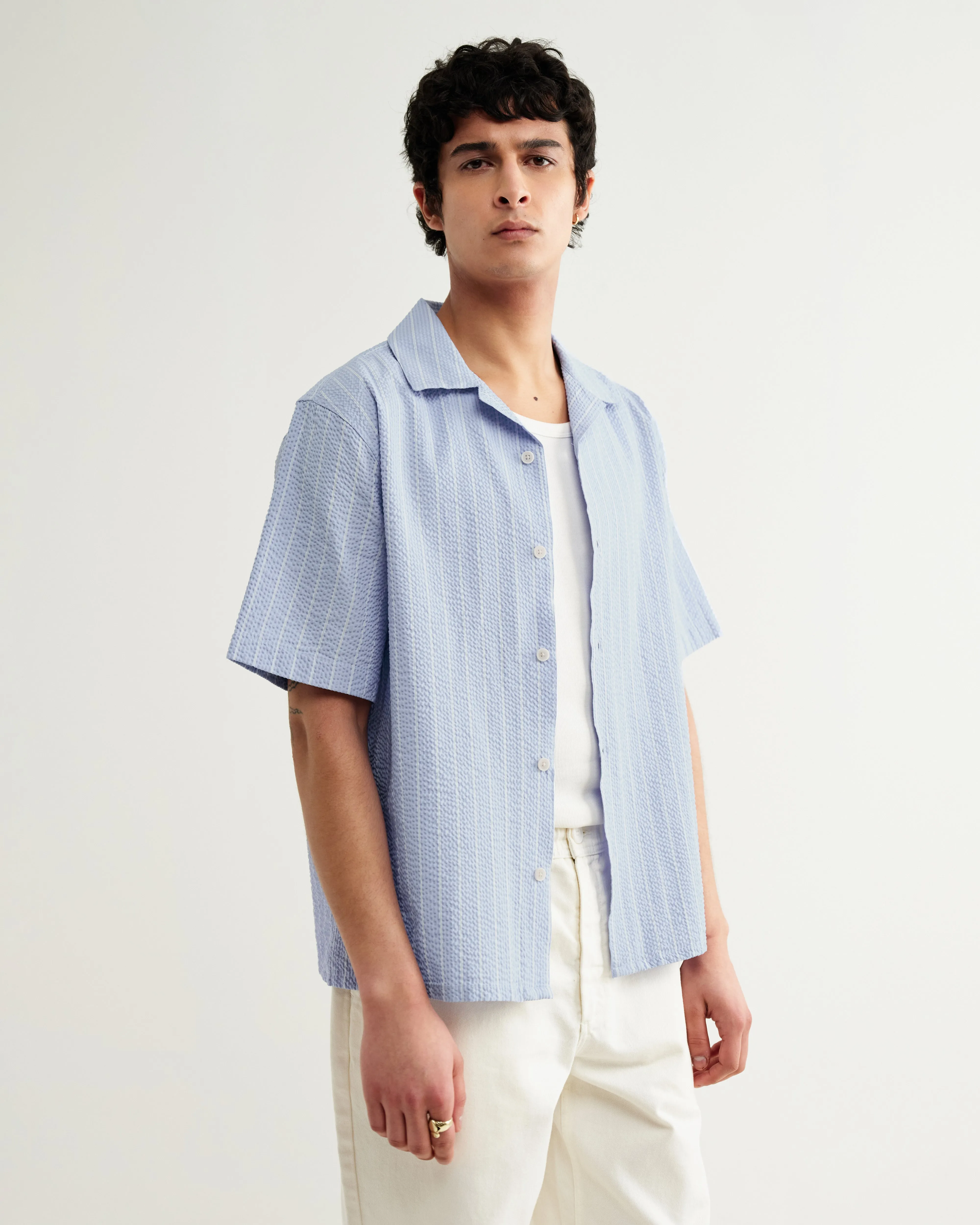Didcot - Blue And Ecru Seersucker Stripe Short-Sleeve Shirt sold by Wax London product image thumbnail 2