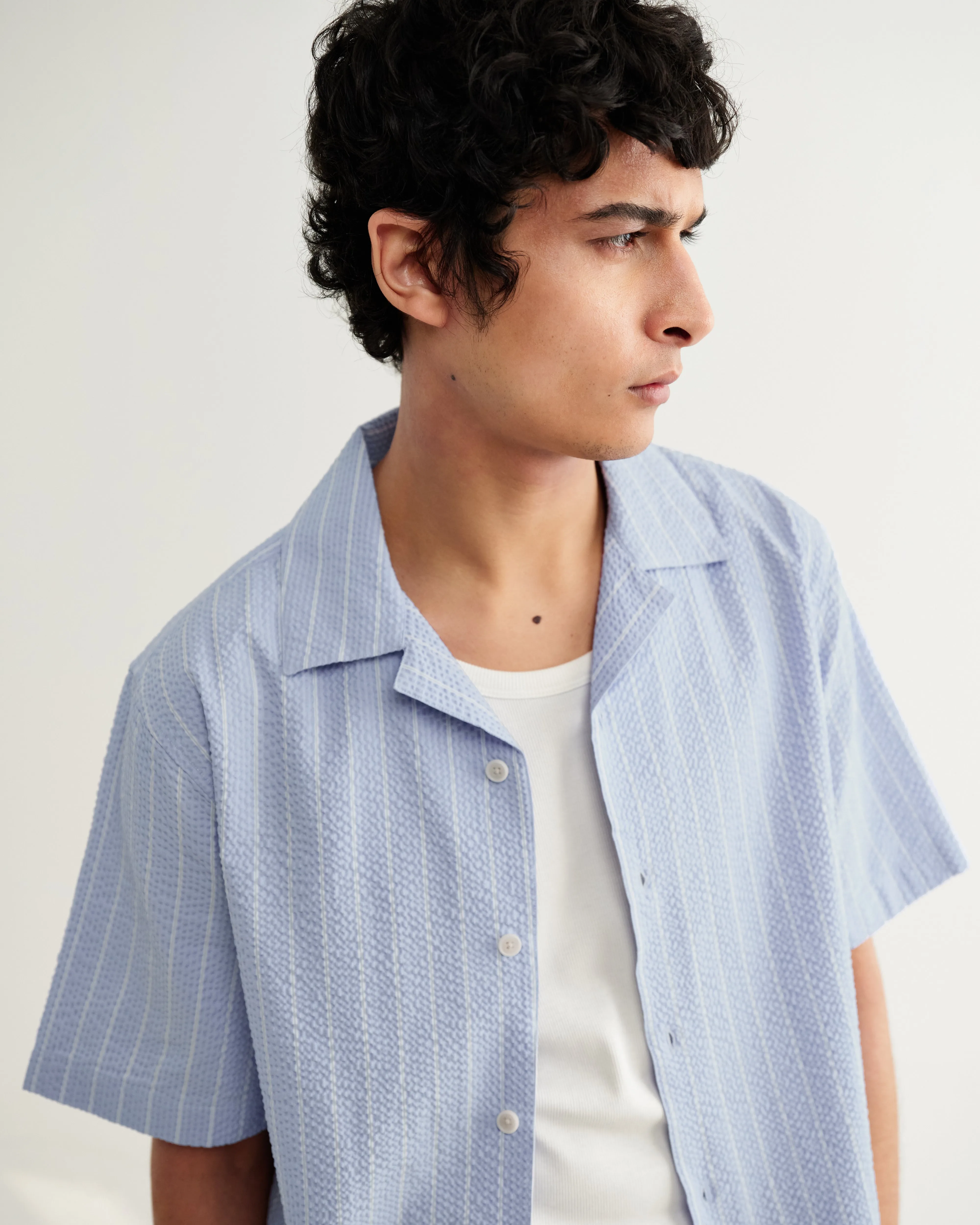 Didcot - Blue And Ecru Seersucker Stripe Short-Sleeve Shirt sold by Wax London product image thumbnail 3