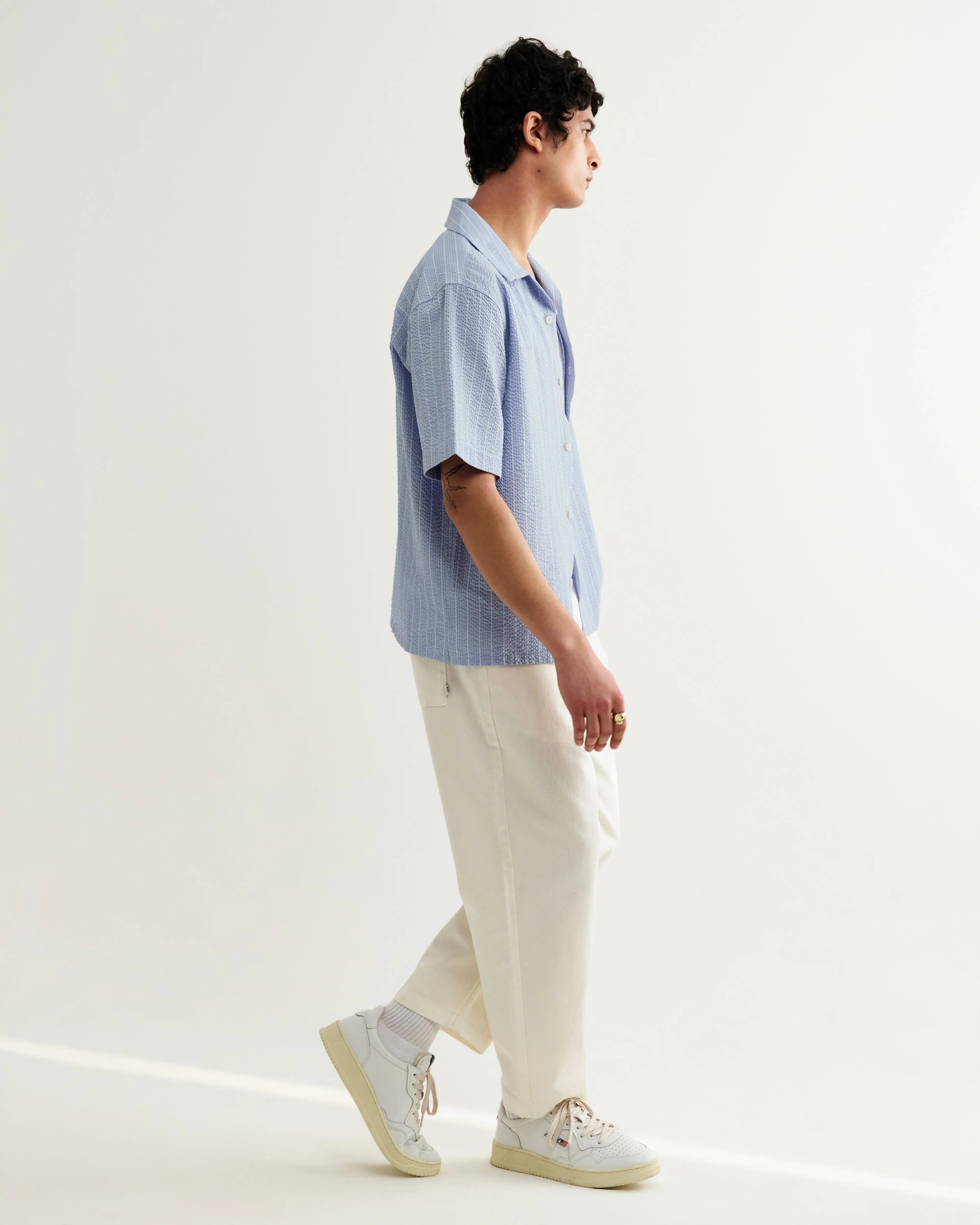 Didcot - Blue And Ecru Seersucker Stripe Short-Sleeve Shirt sold by Wax London product image thumbnail 5