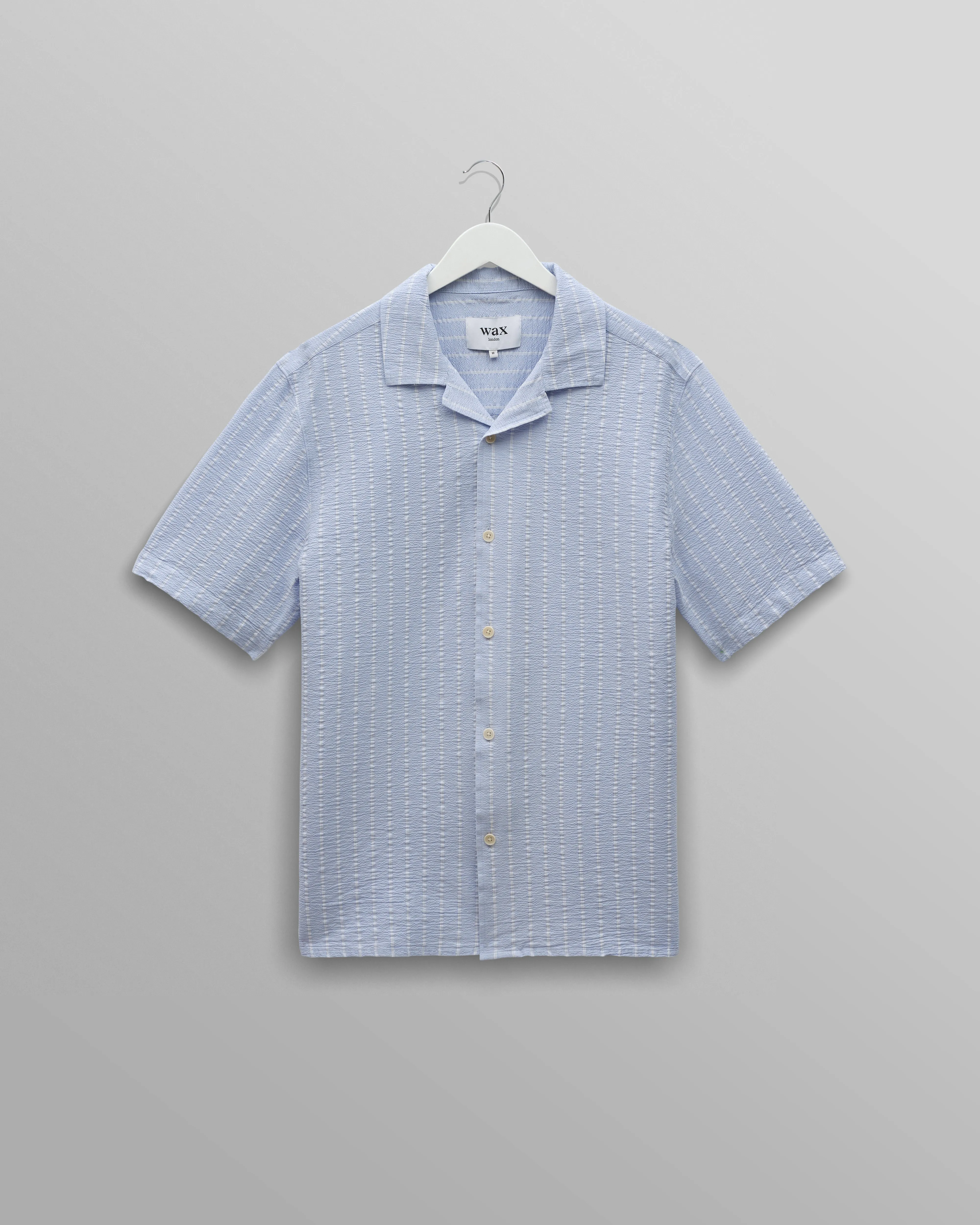 Didcot - Blue And Ecru Seersucker Stripe Short-Sleeve Shirt sold by Wax London