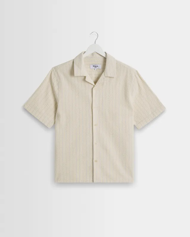 Didcot - Ecru And Blue Seersucker Stripe Short-Sleeve Shirt sold by Wax London