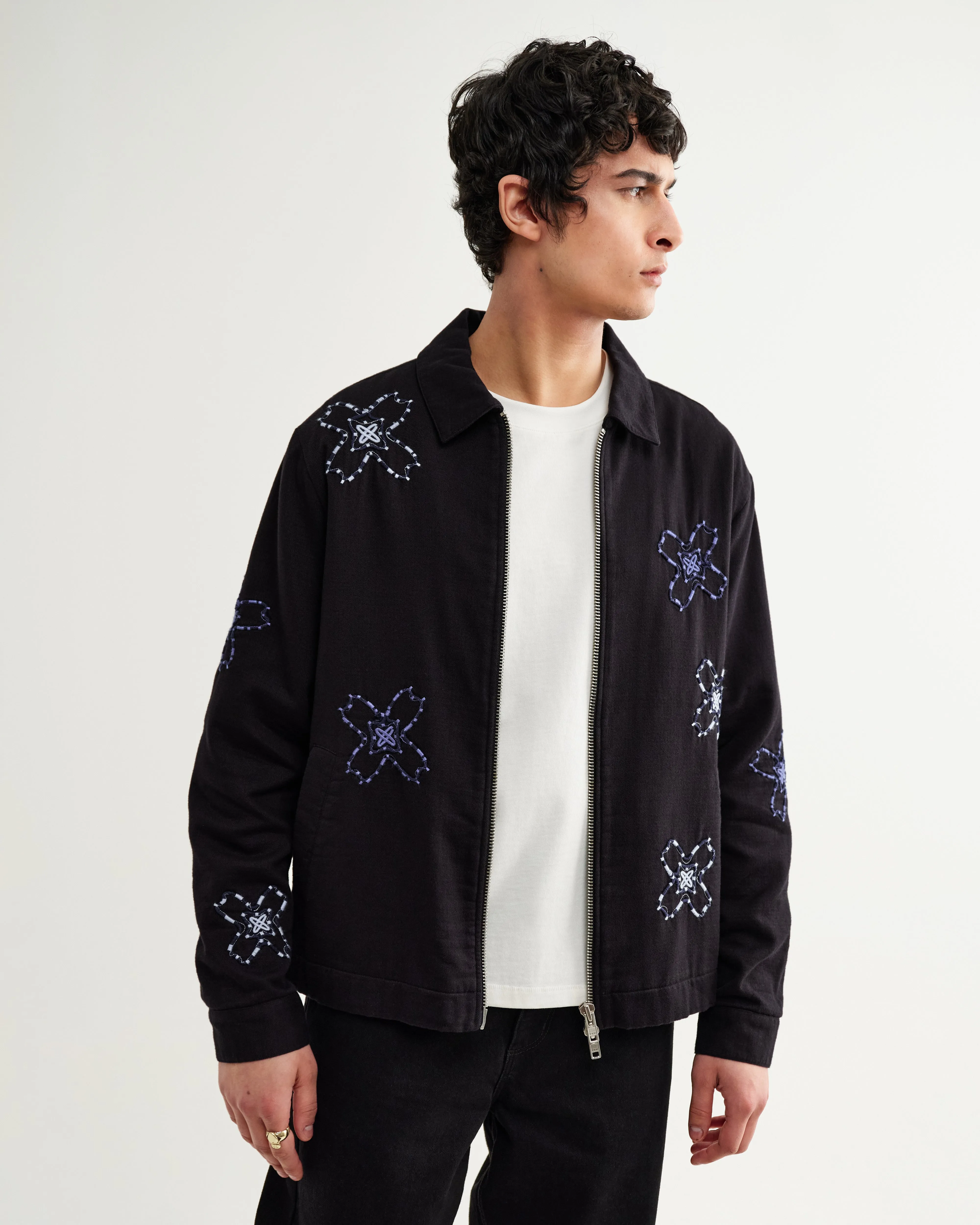 Eldon - Black Floral Embroidered Cotton Twill Jacket sold by Wax London product image thumbnail 2