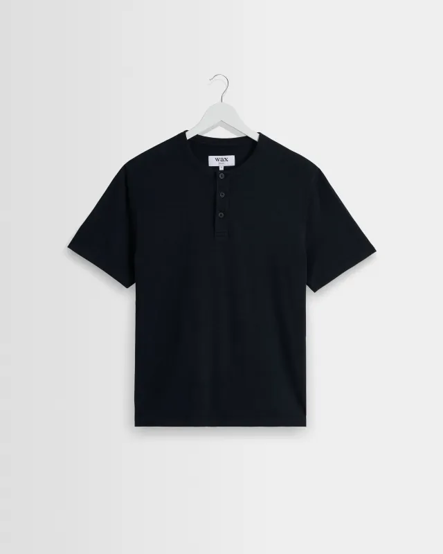 Hill - Black Slub Organic Cotton Henley T-Shirt sold by Wax London
