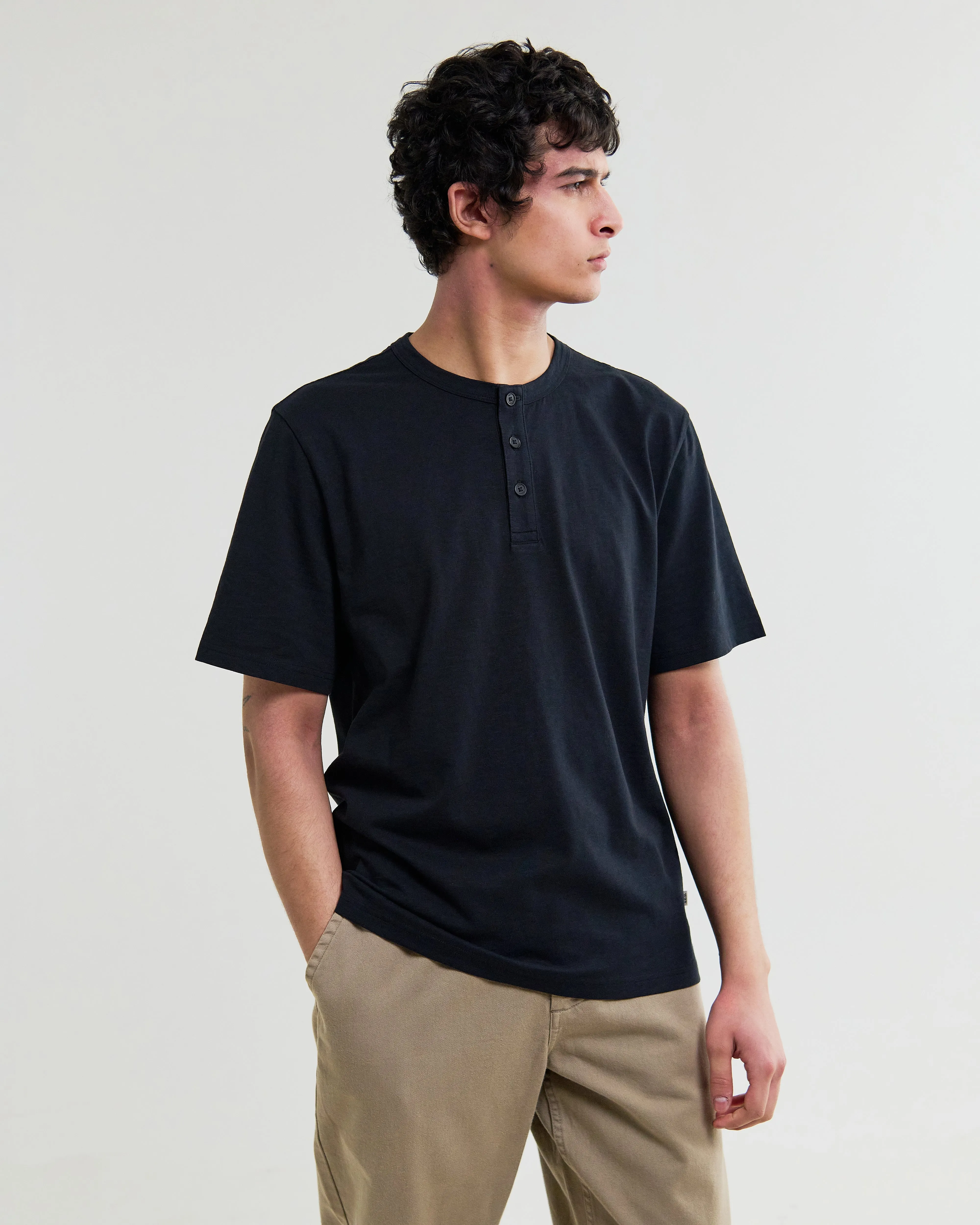 Hill - Black Slub Organic Cotton Henley T-Shirt sold by Wax London product image thumbnail 2