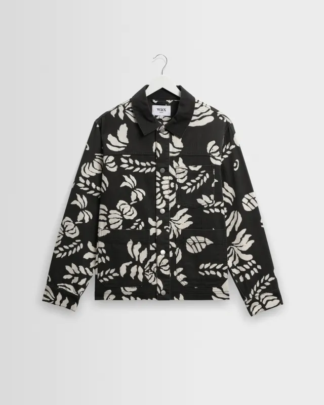Jay - Black And Ecru Printed Cotton Chore Jacket made by Wax London