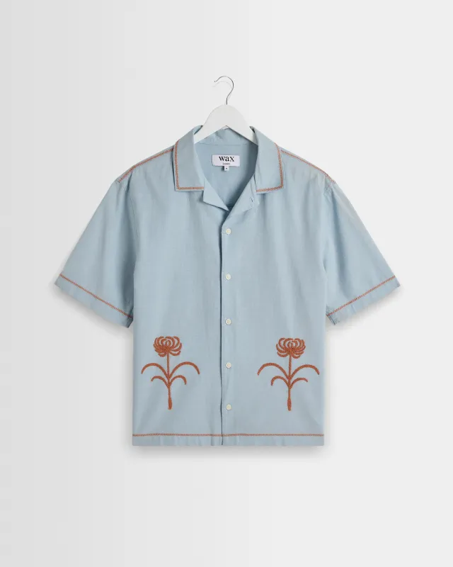 Keats - Light Blue And Rust Embroidered Short-Sleeve Shirt made by Wax London