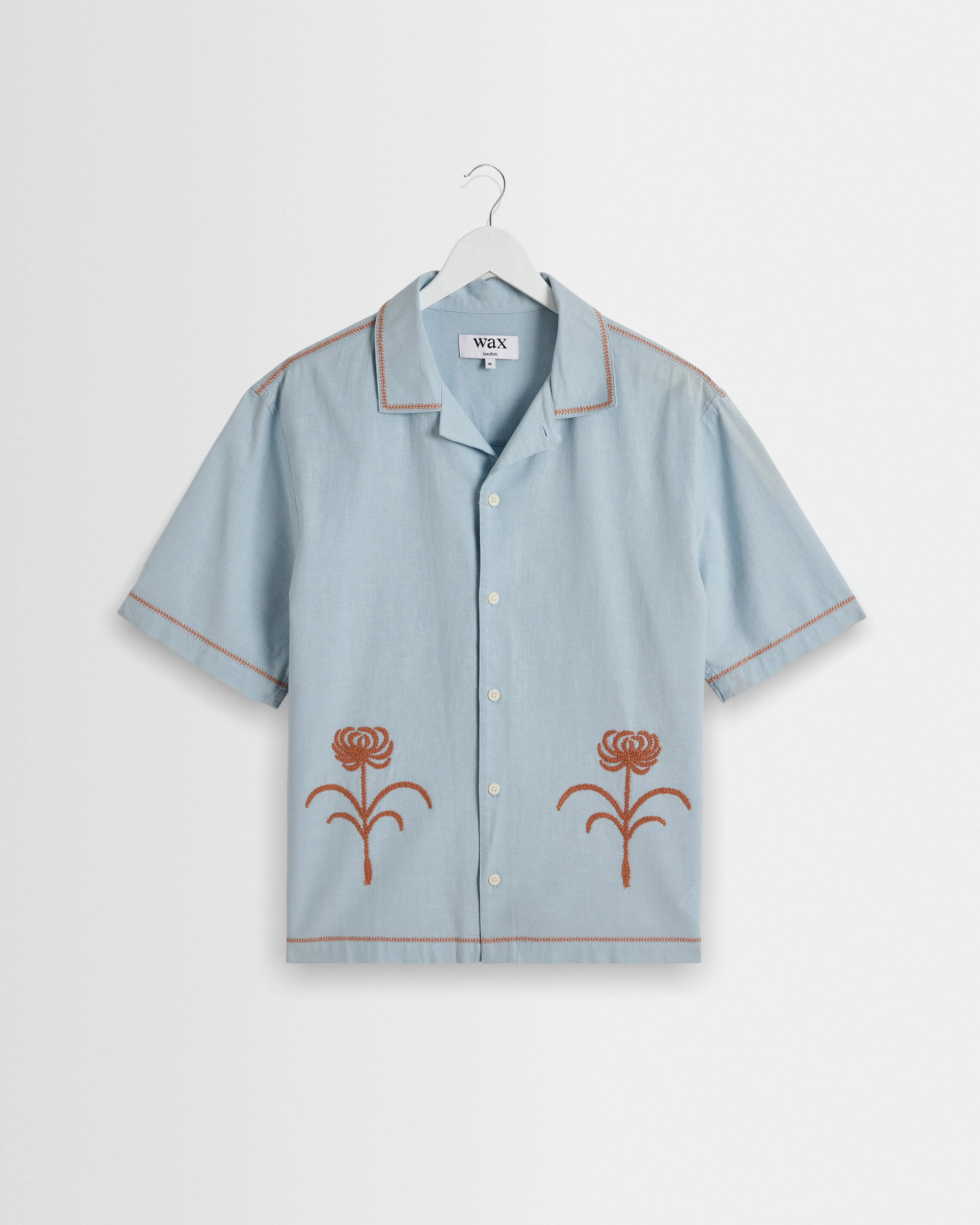 Keats - Light Blue And Rust Embroidered Short-Sleeve Shirt sold by Wax London