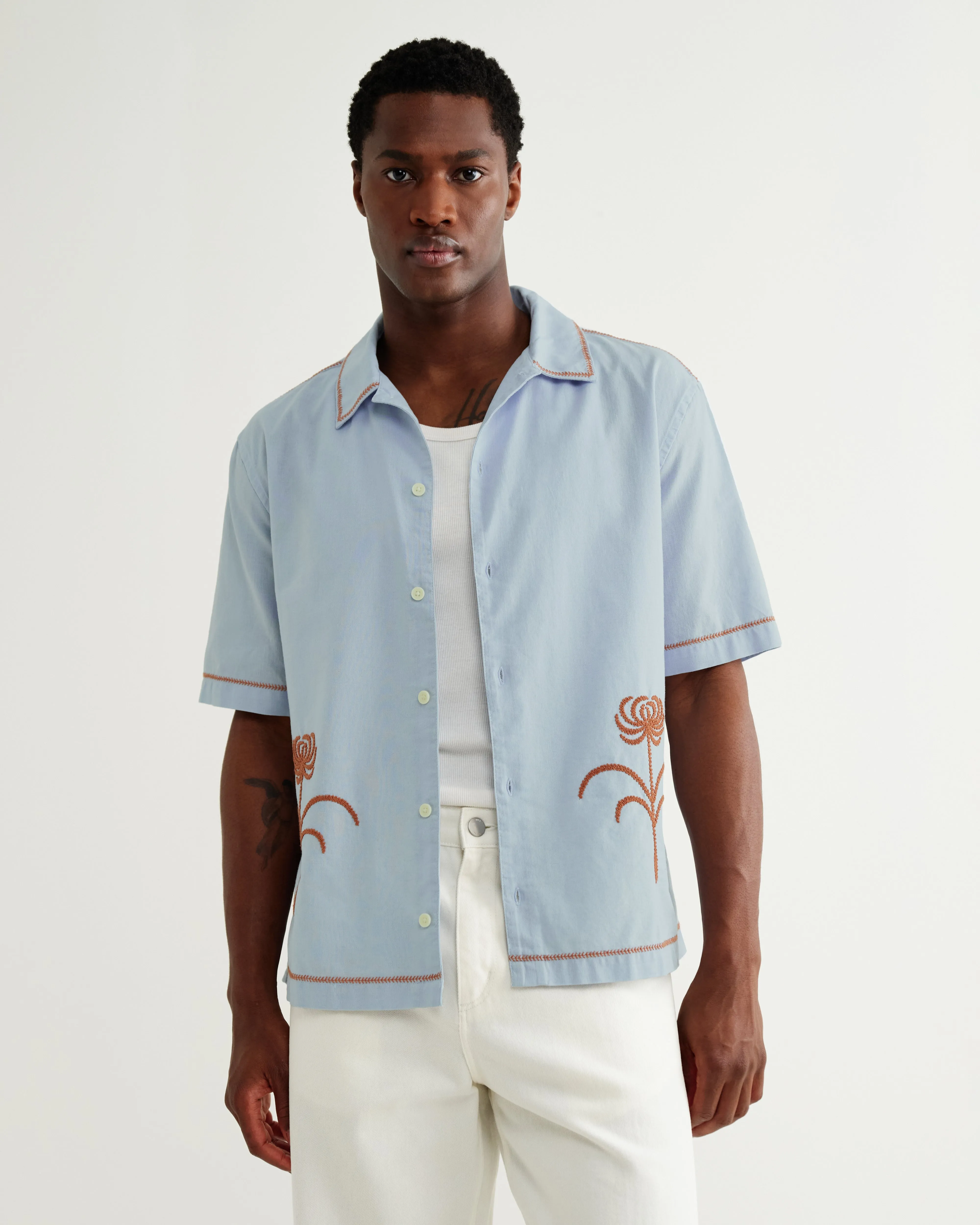Keats - Light Blue And Rust Embroidered Short-Sleeve Shirt sold by Wax London product image thumbnail 2