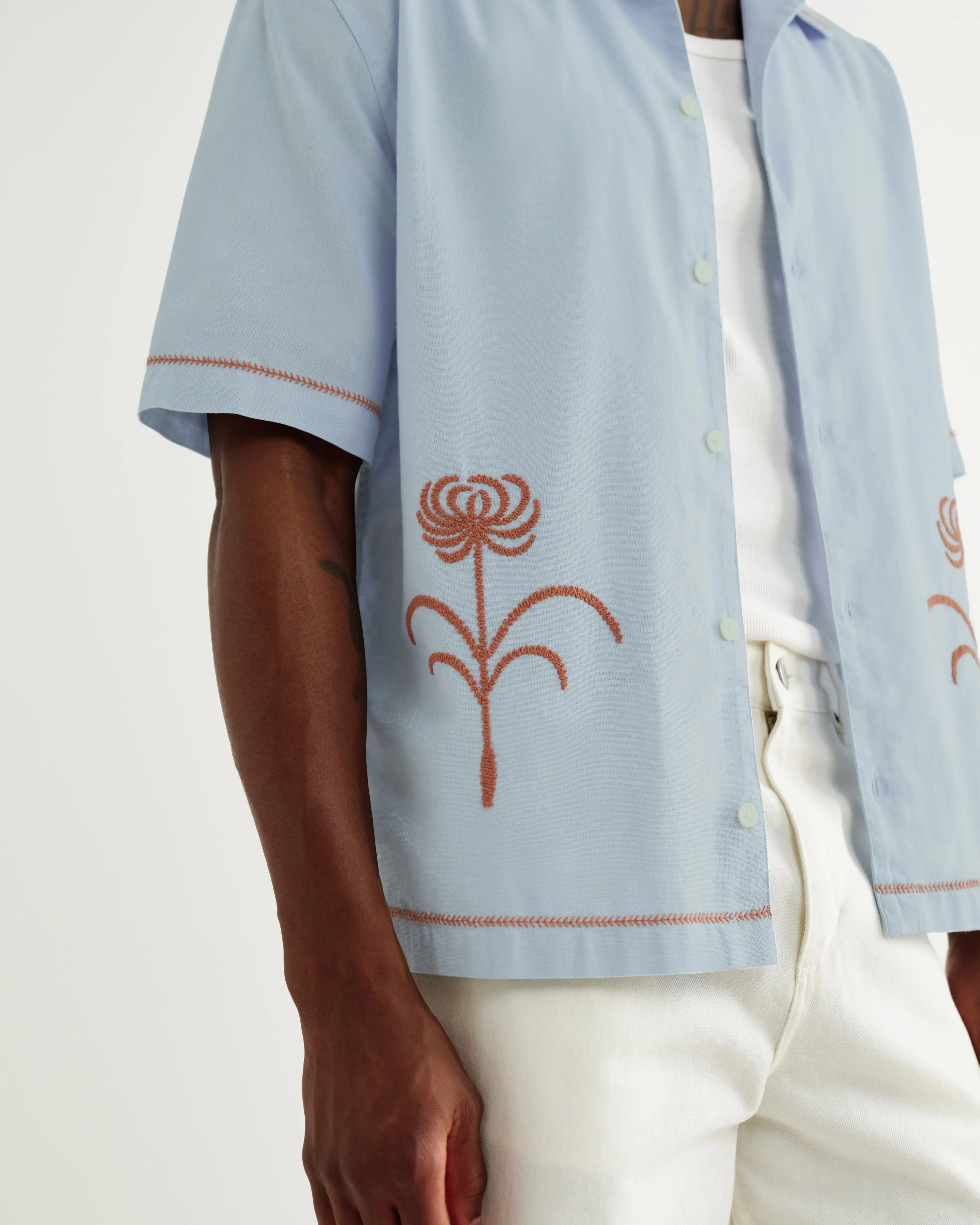 Keats - Light Blue And Rust Embroidered Short-Sleeve Shirt sold by Wax London product image thumbnail 4